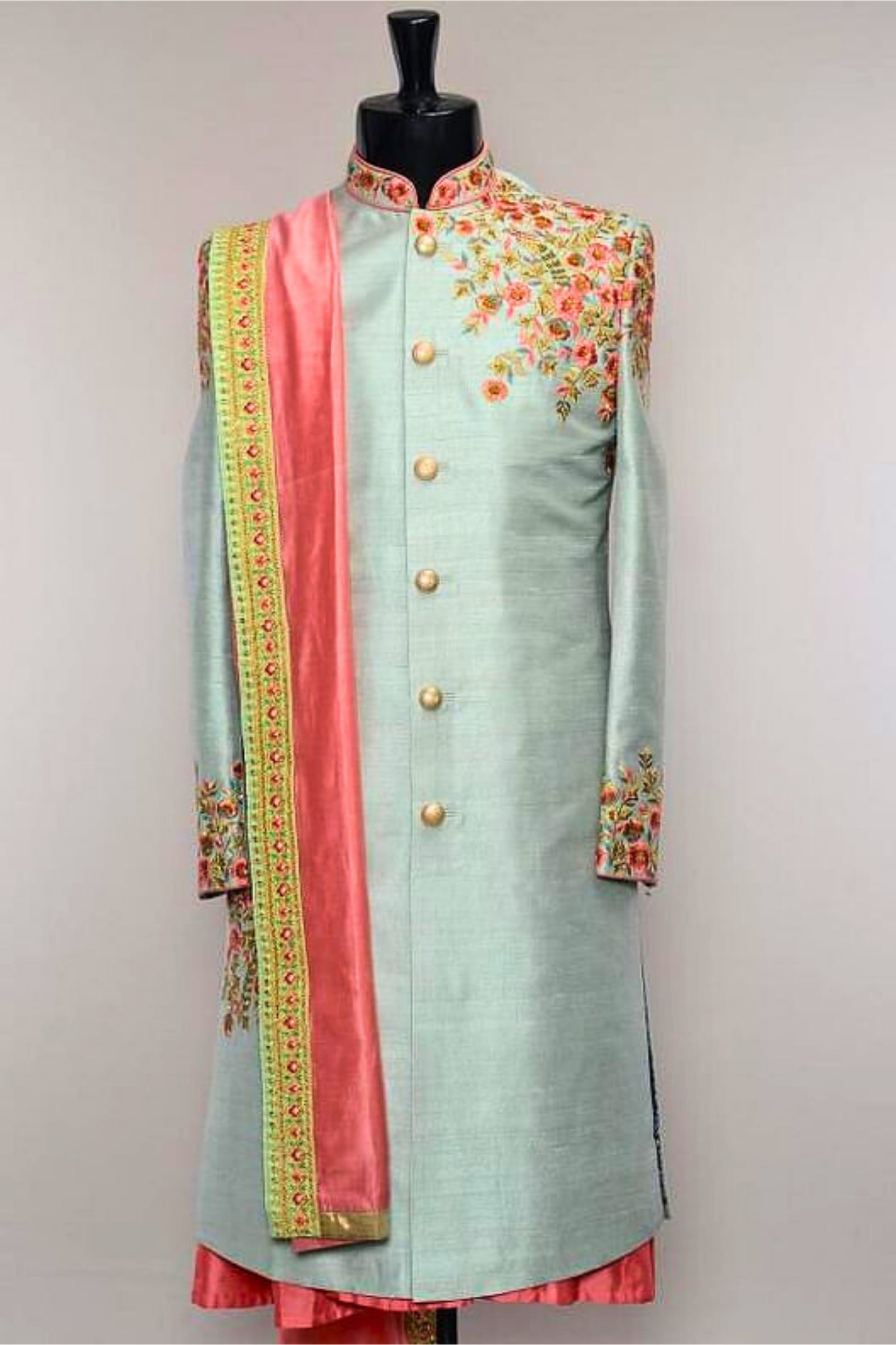 Light Blue with Pink Embroidered Sherwani