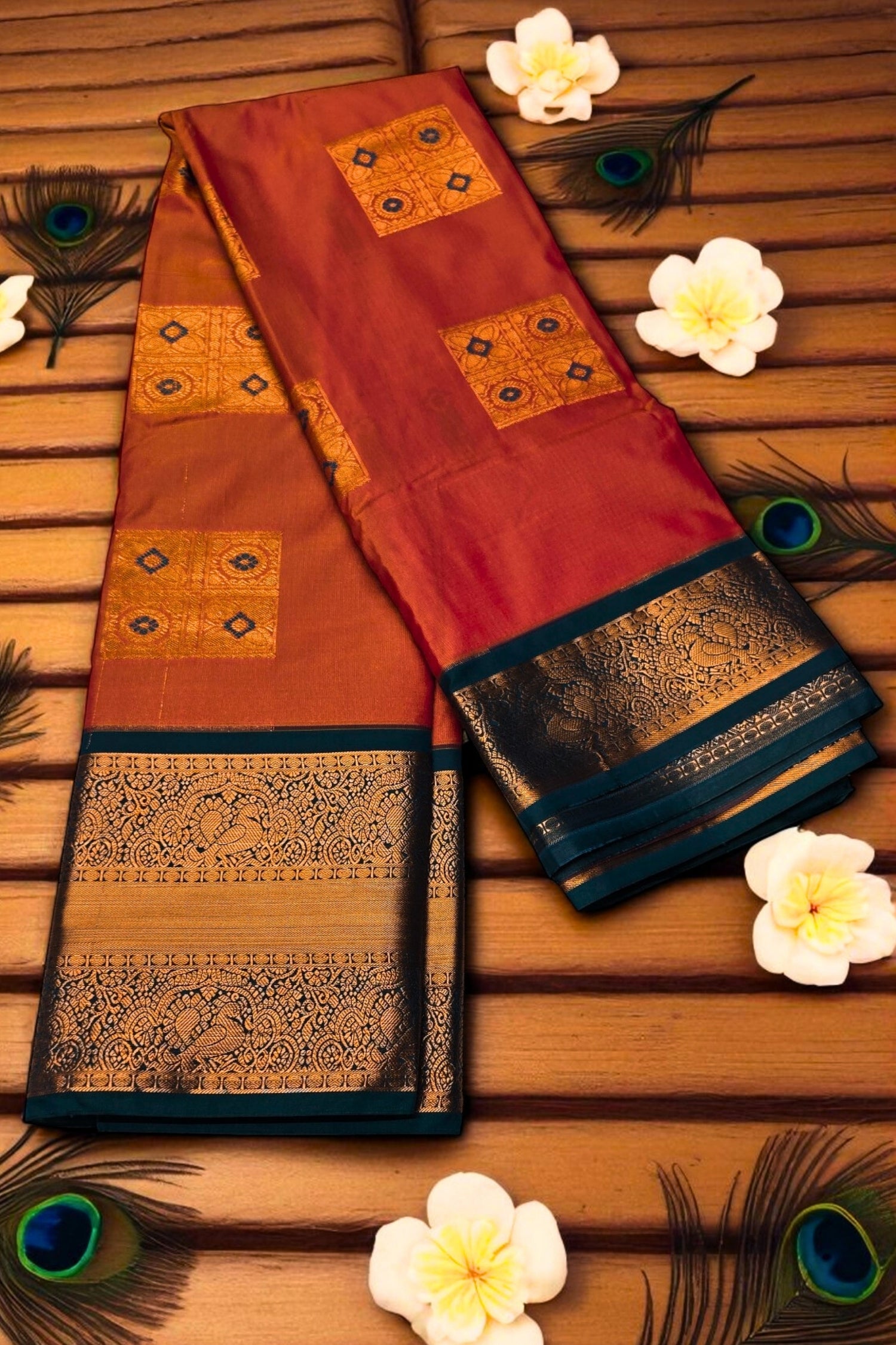 Vibrant Orange Semi Kanchi Silk Saree with Sky Blue Border