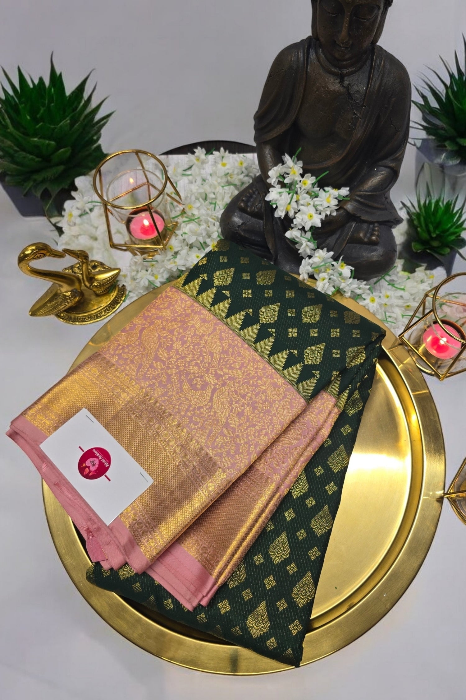 Majestic Dark Green Kanchipuram Silk Saree with Elegant Pink Border