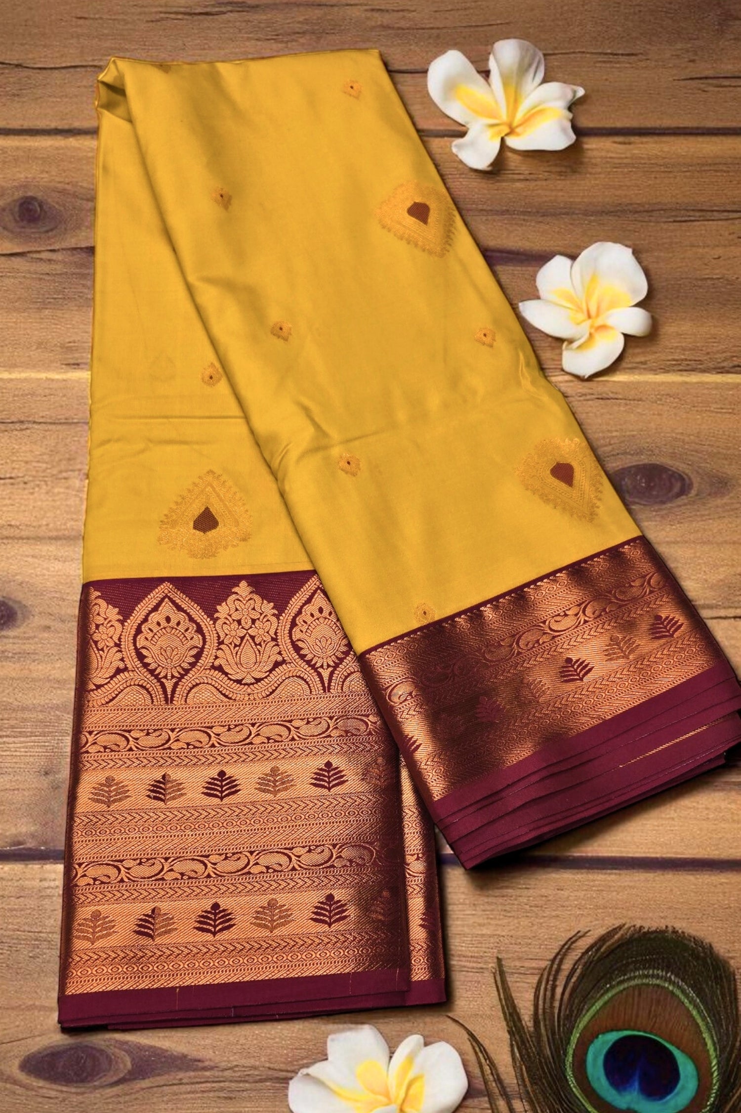 Radiant Yellow Semi Kanchi Silk Saree with Pink Border