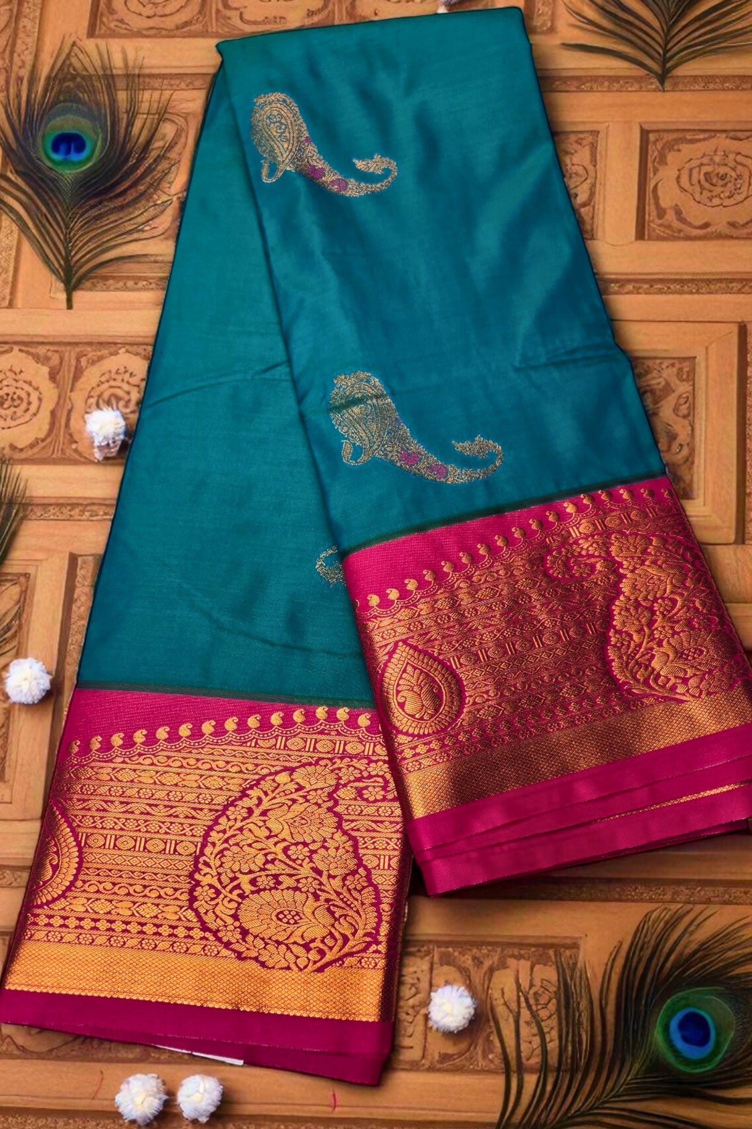 Elegant Sky Blue Semi Kanchi Silk Saree with Pink Border