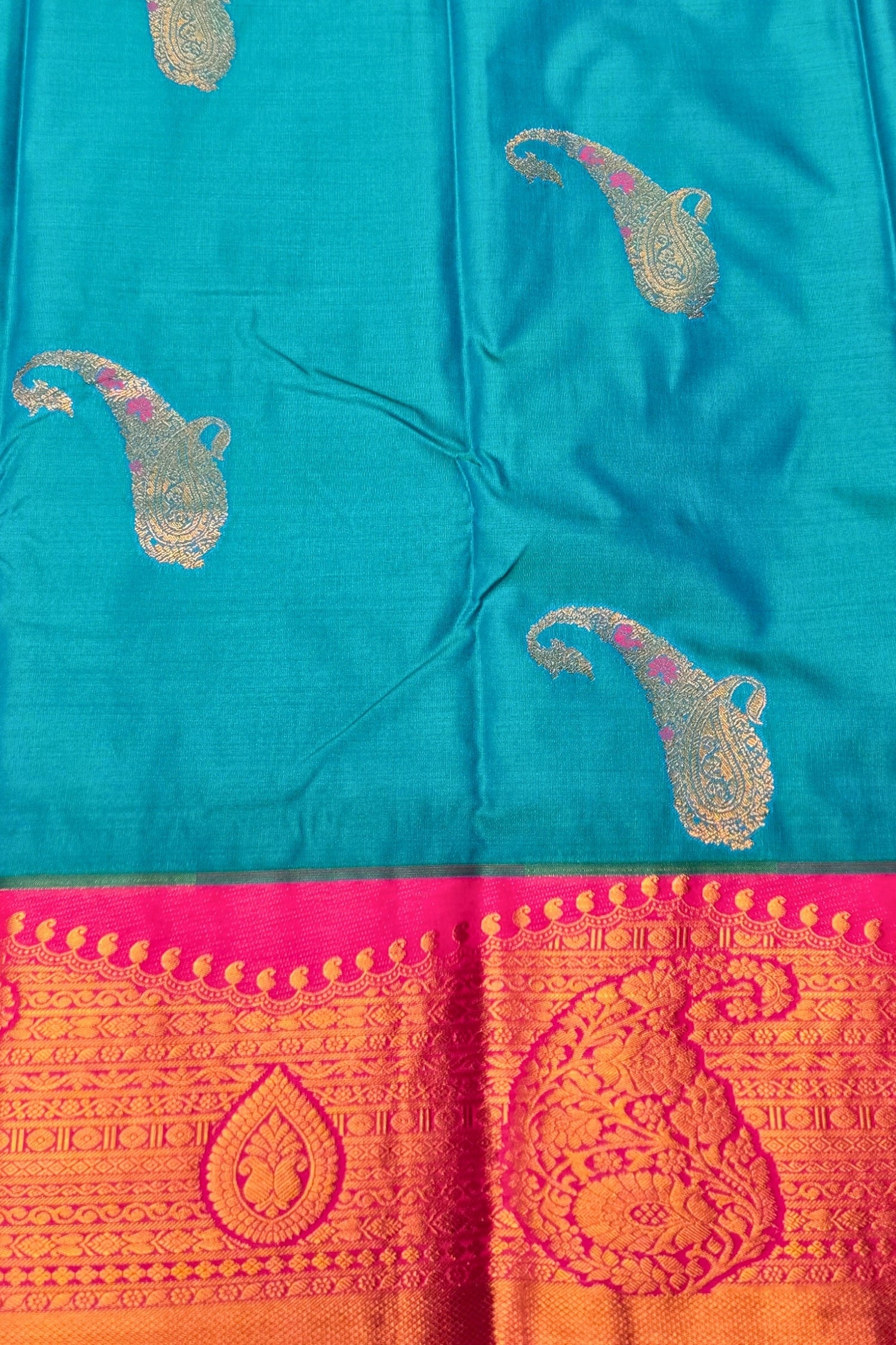 Elegant Sky Blue Semi Kanchi Silk Saree with Pink Border