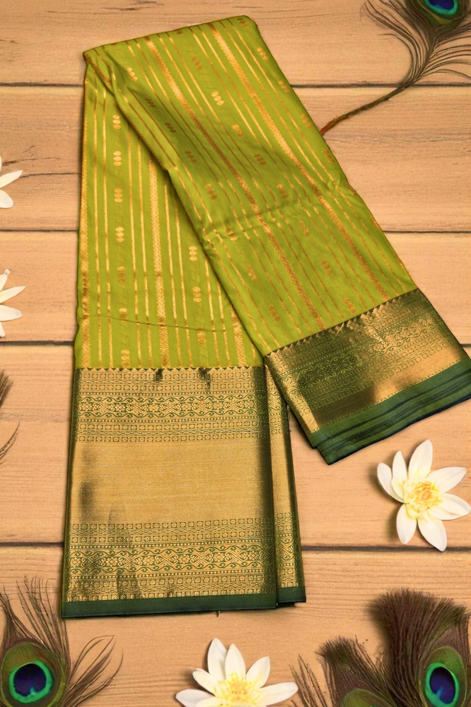 Graceful Light Green Semi Kanjipuram Silk Saree with Dark Green Border