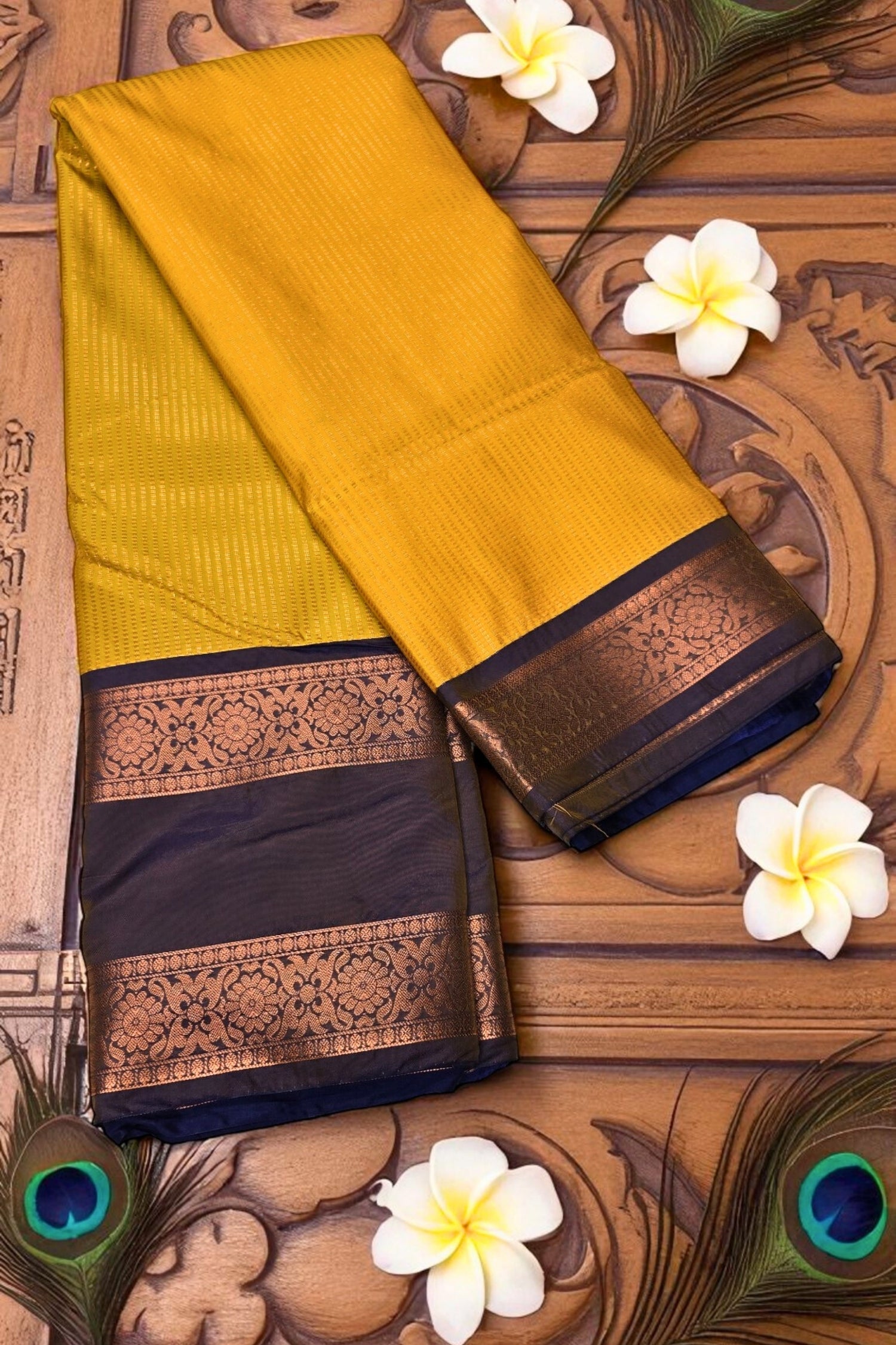 Radiant Yellow Kanjipuram Silk Saree with Royal Blue Border