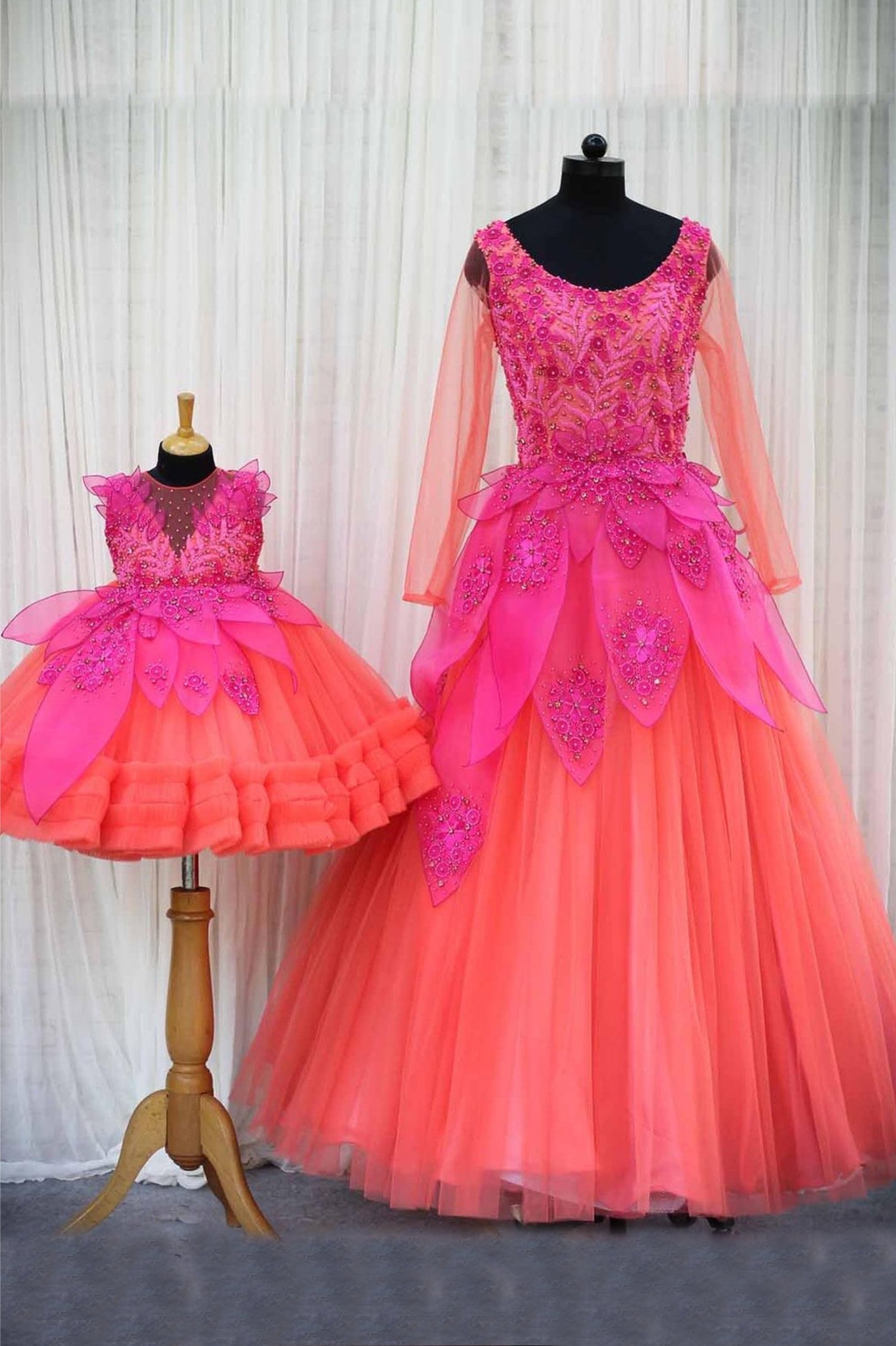 Orangish Pink Floral Mom–Daughter Gown Set