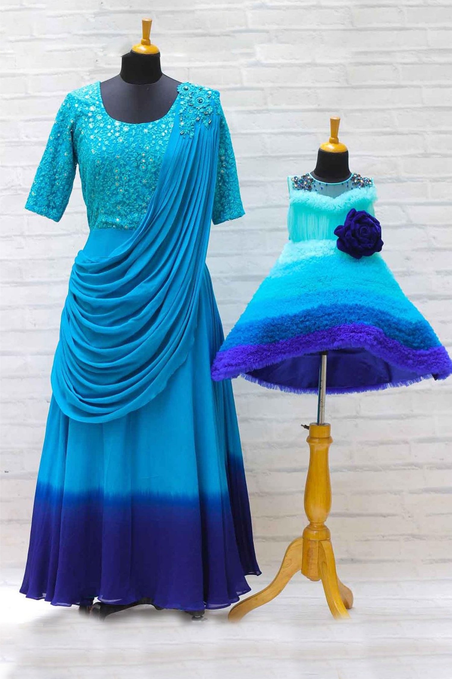 Light Blue & Royal Blue Mom–Daughter Gown Set