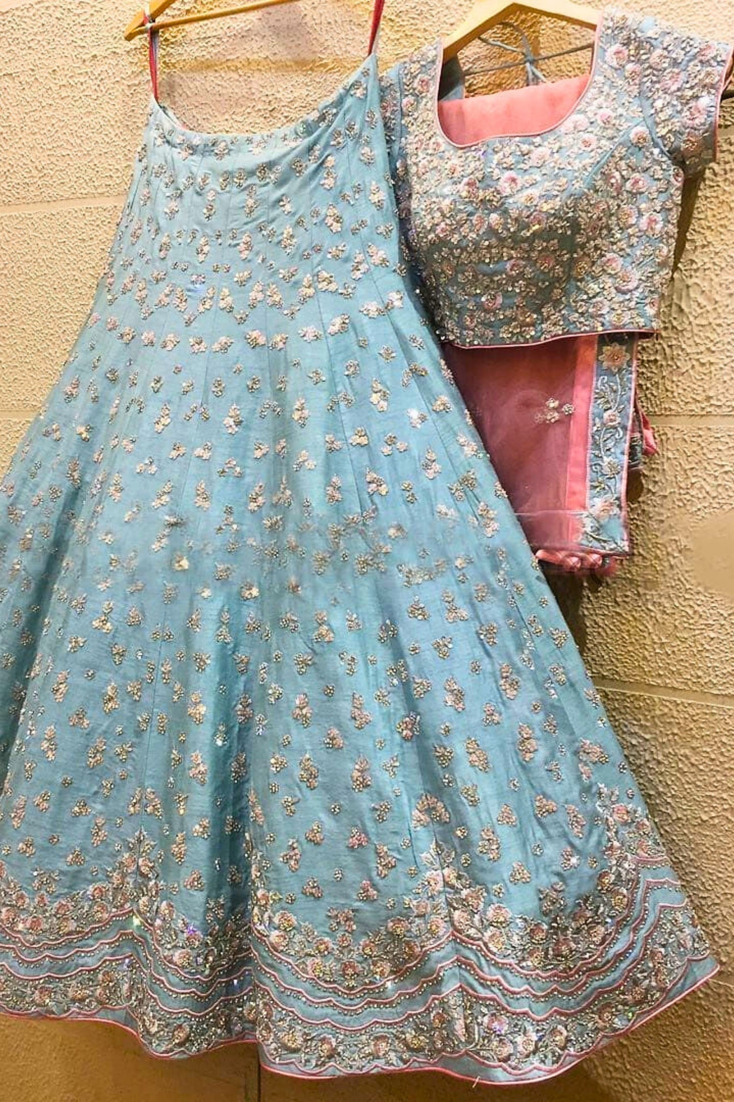 Pastel Blue Pink Embroidered Lehenga