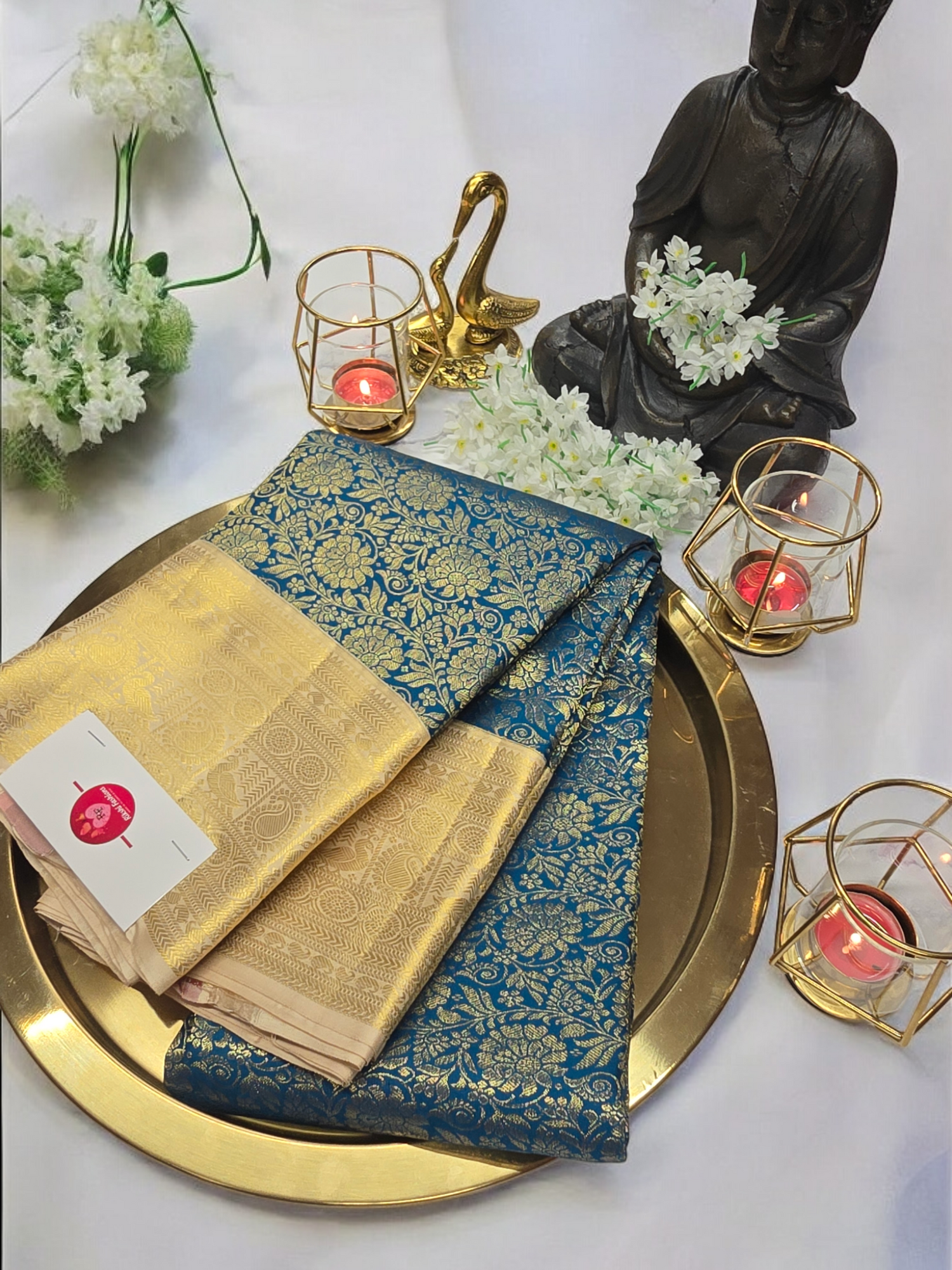 Deep Sea Blue Kanchipuram Saree with Gold Border