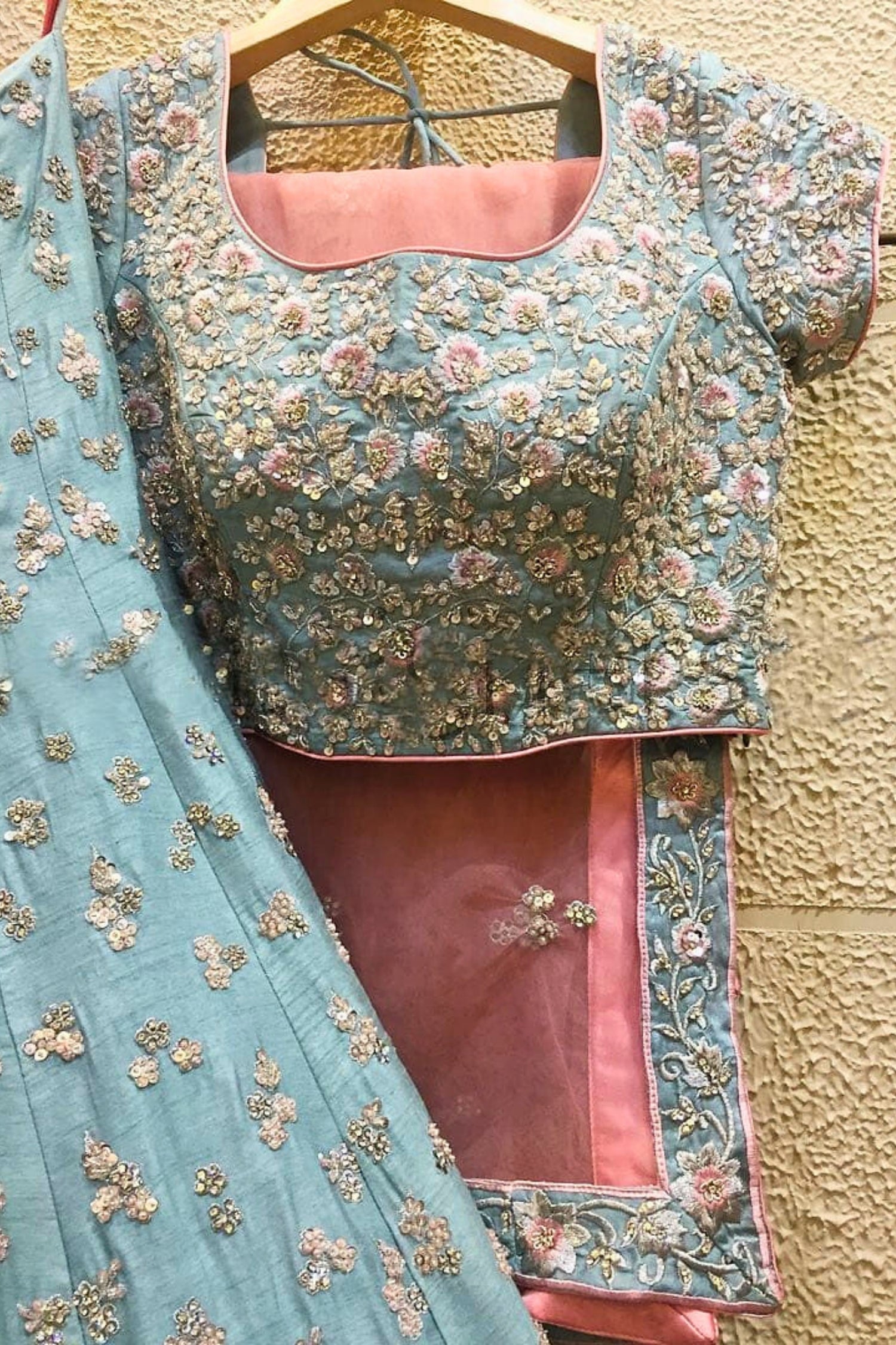 Pastel Blue Pink Embroidered Lehenga