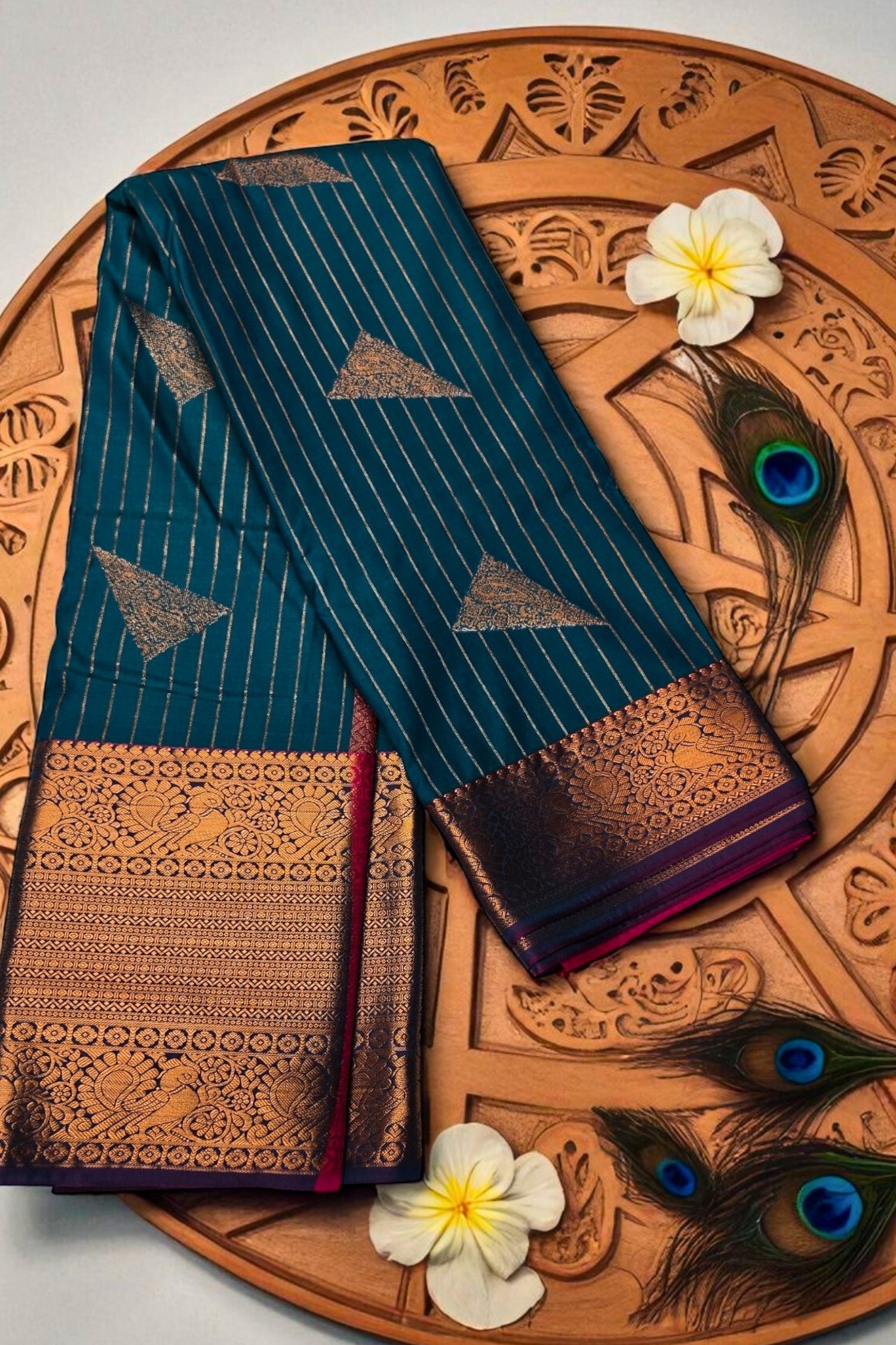 Graceful Light Blue Semi Kanchi Silk Saree with Pink Border