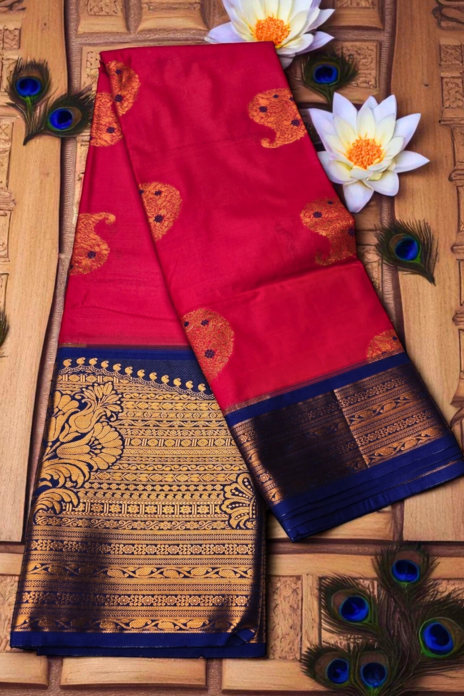 Stunning Reddish Pink Semi Kanchi Silk Saree with Blue Border