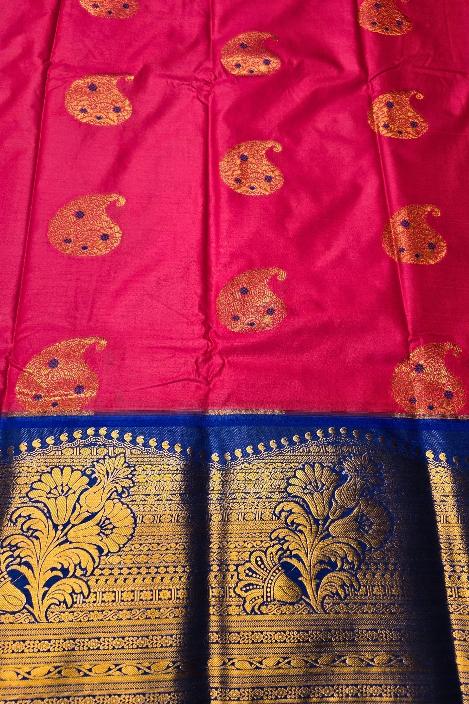 Stunning Reddish Pink Semi Kanchi Silk Saree with Blue Border