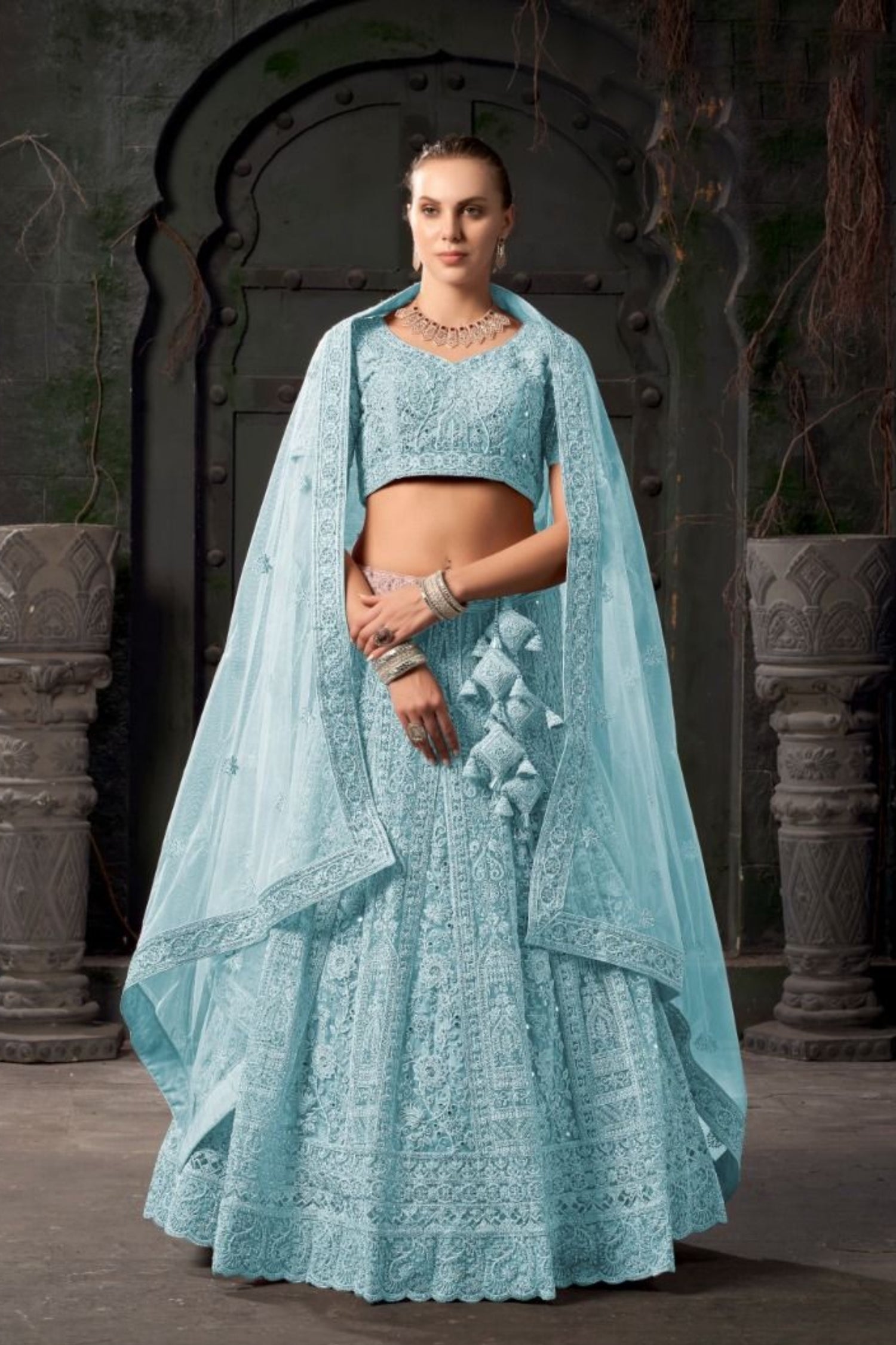 Light Blue Bridal Lehenga – Exquisite Full Work Net Embellishment