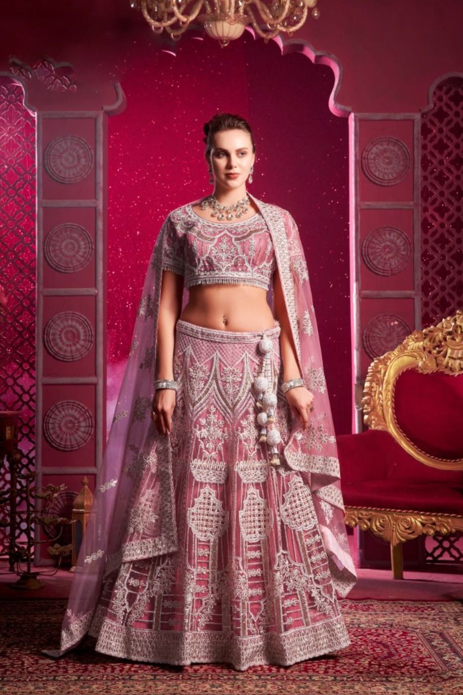 Light Pink Lifestyle Bridal Net Mirror Zarkan Lehenga Cholis