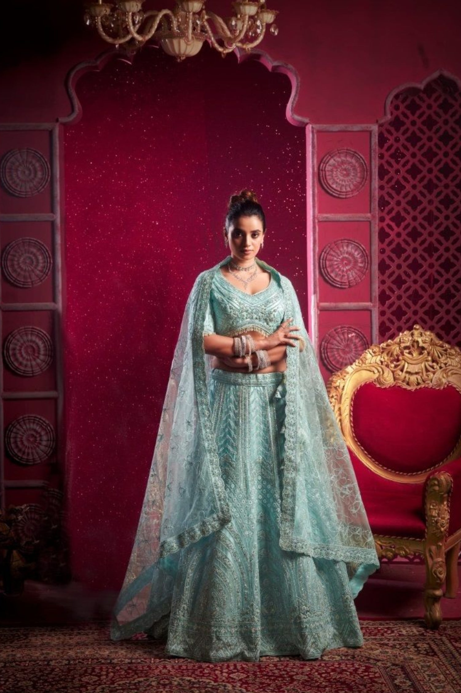 Light Blue Lifestyle Bridal  Net Mirror Lehenga Cholis