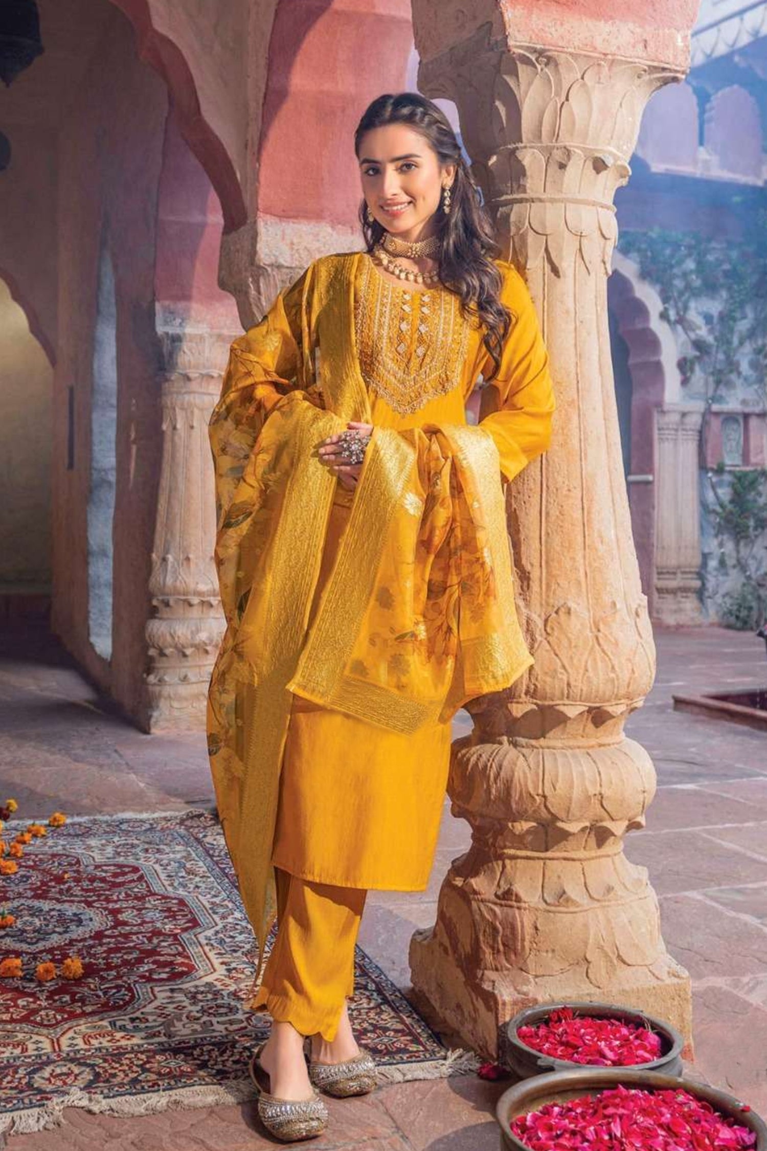 Yellow Handwork Embroidered Viscose Salwar Suit