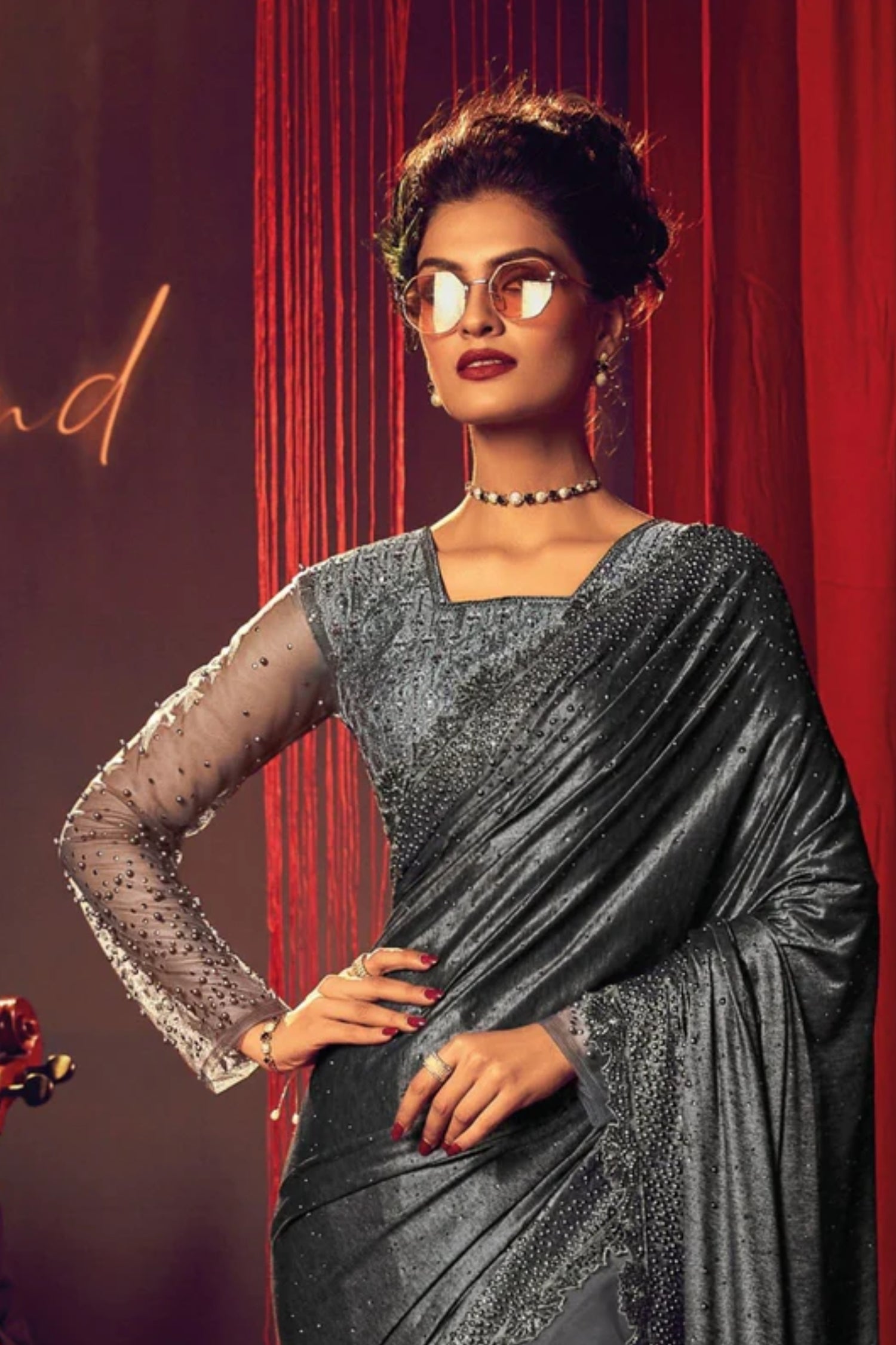 Premium Designer Net Saree in Iron Grey