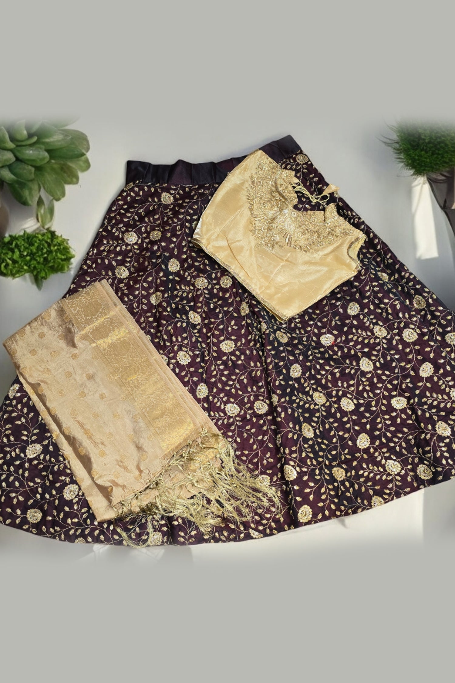 Maroon Brocade Embellished Lehenga