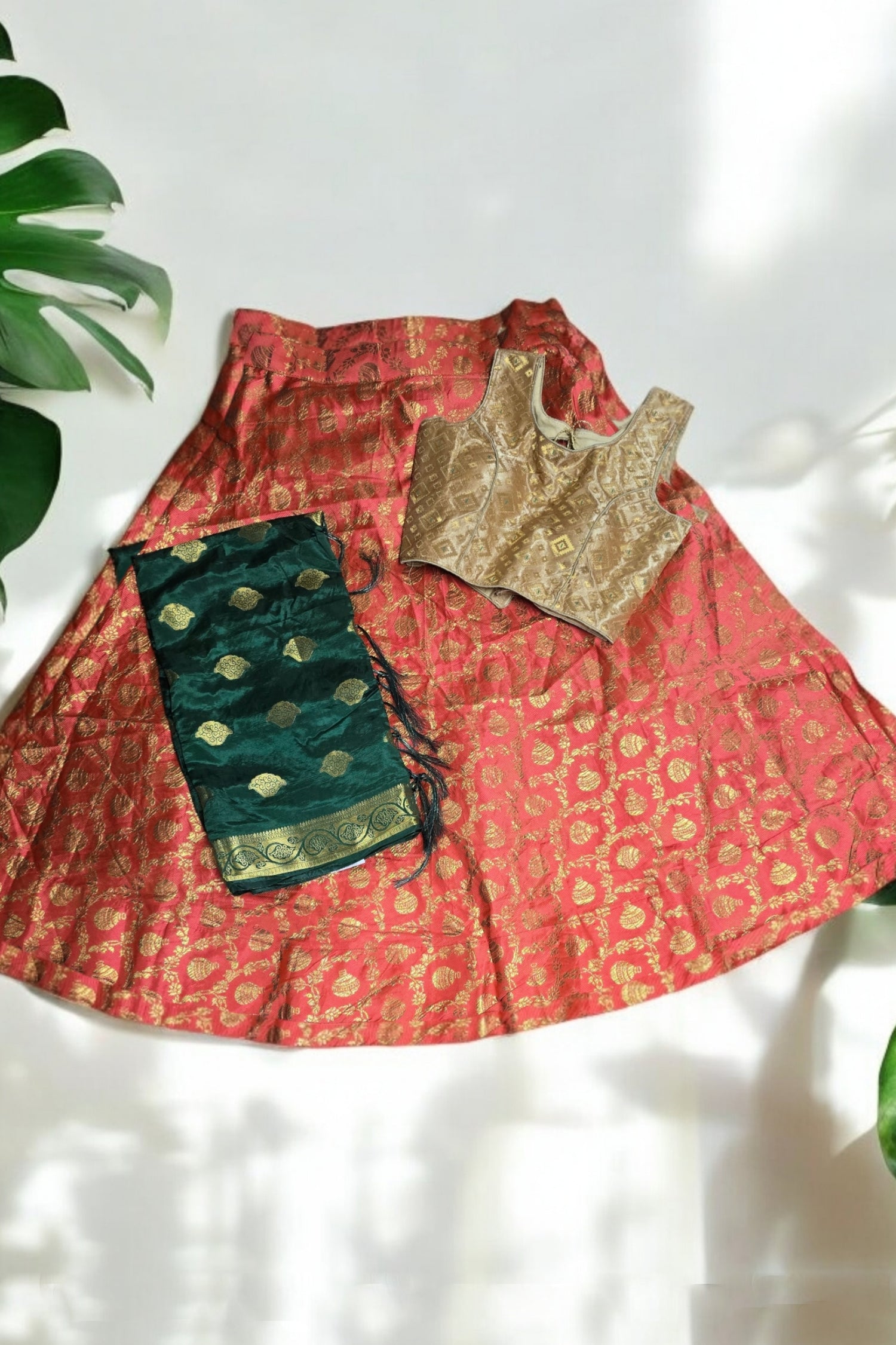 Green with Orange Lehenga