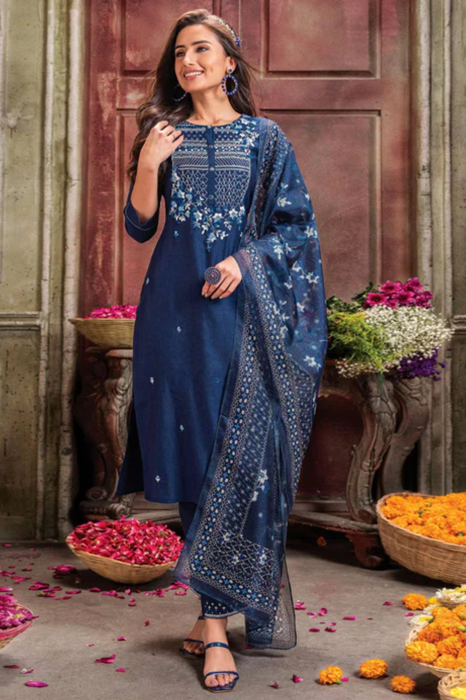 Navy Blue Handwork Embroidered Viscose Salwar Suit