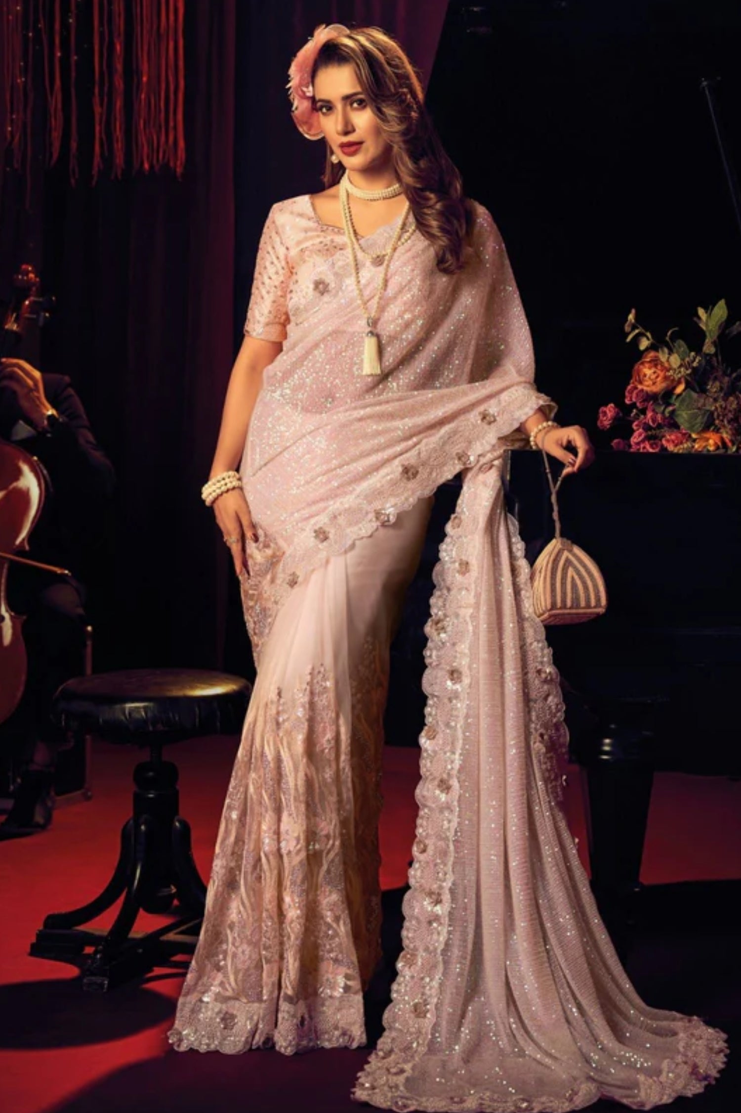 Premium Peach Designer Net Saree