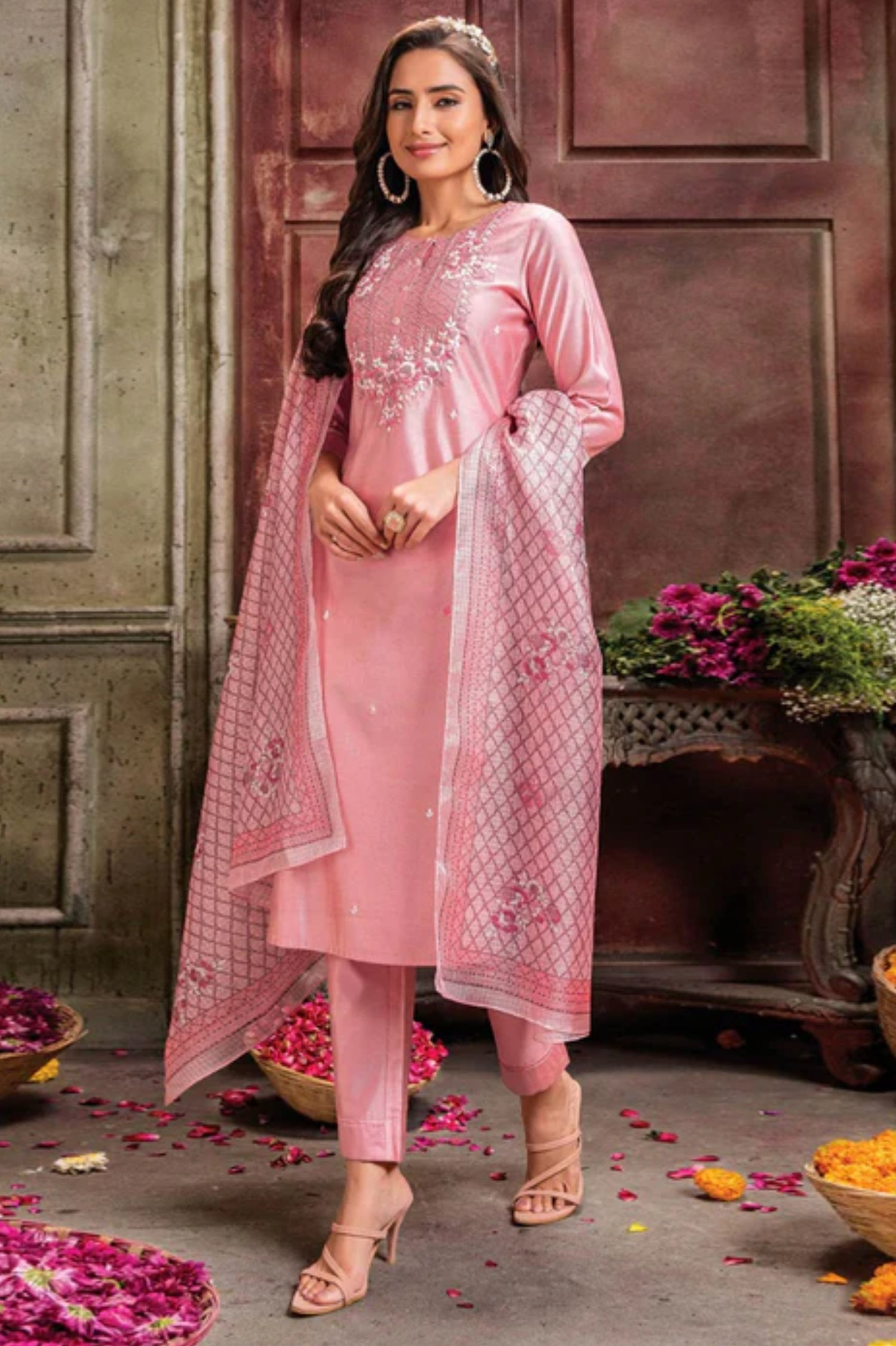 Peach Handwork Embroidered Viscose Salwar Suit