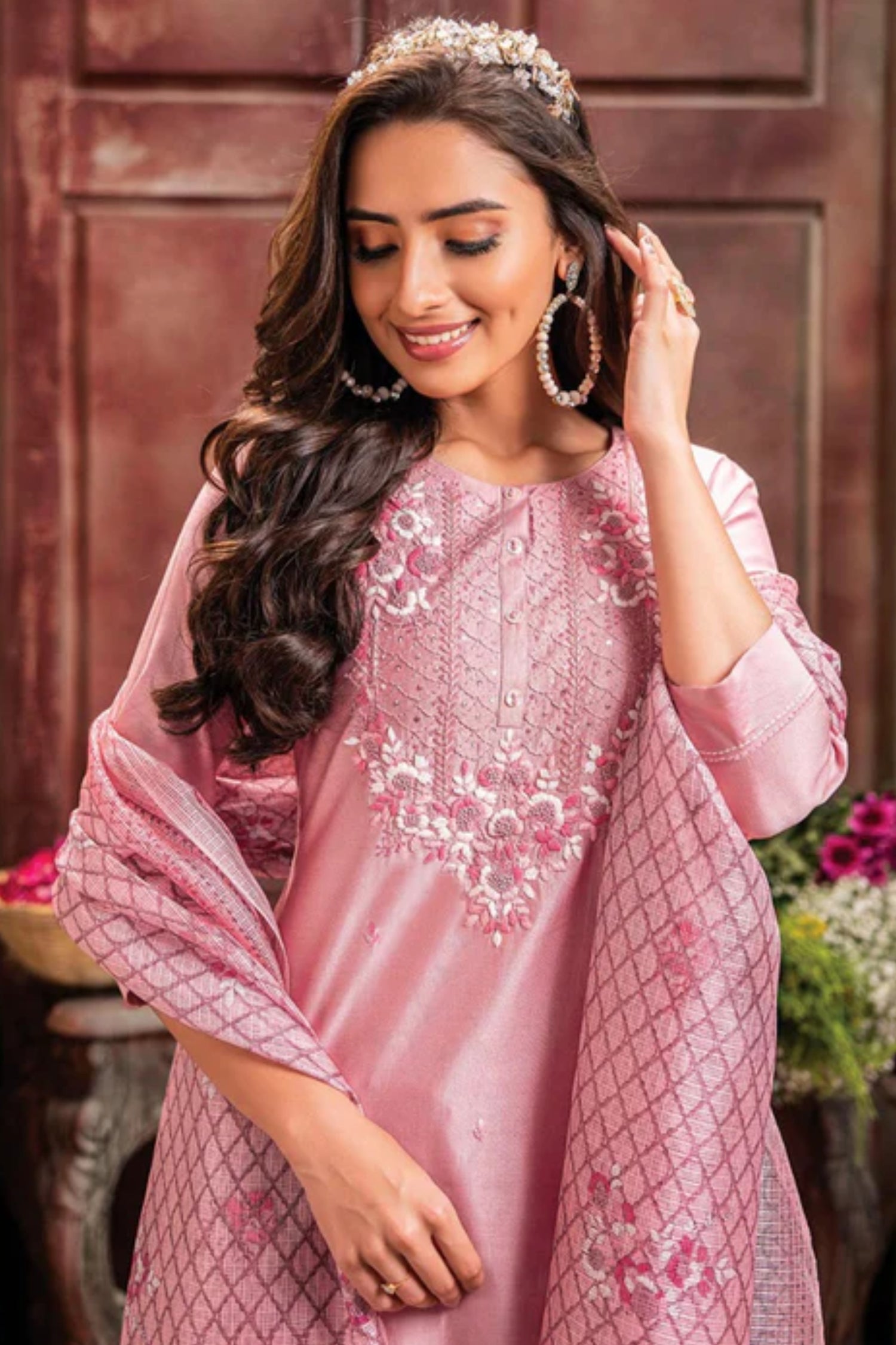 Peach Handwork Embroidered Viscose Salwar Suit
