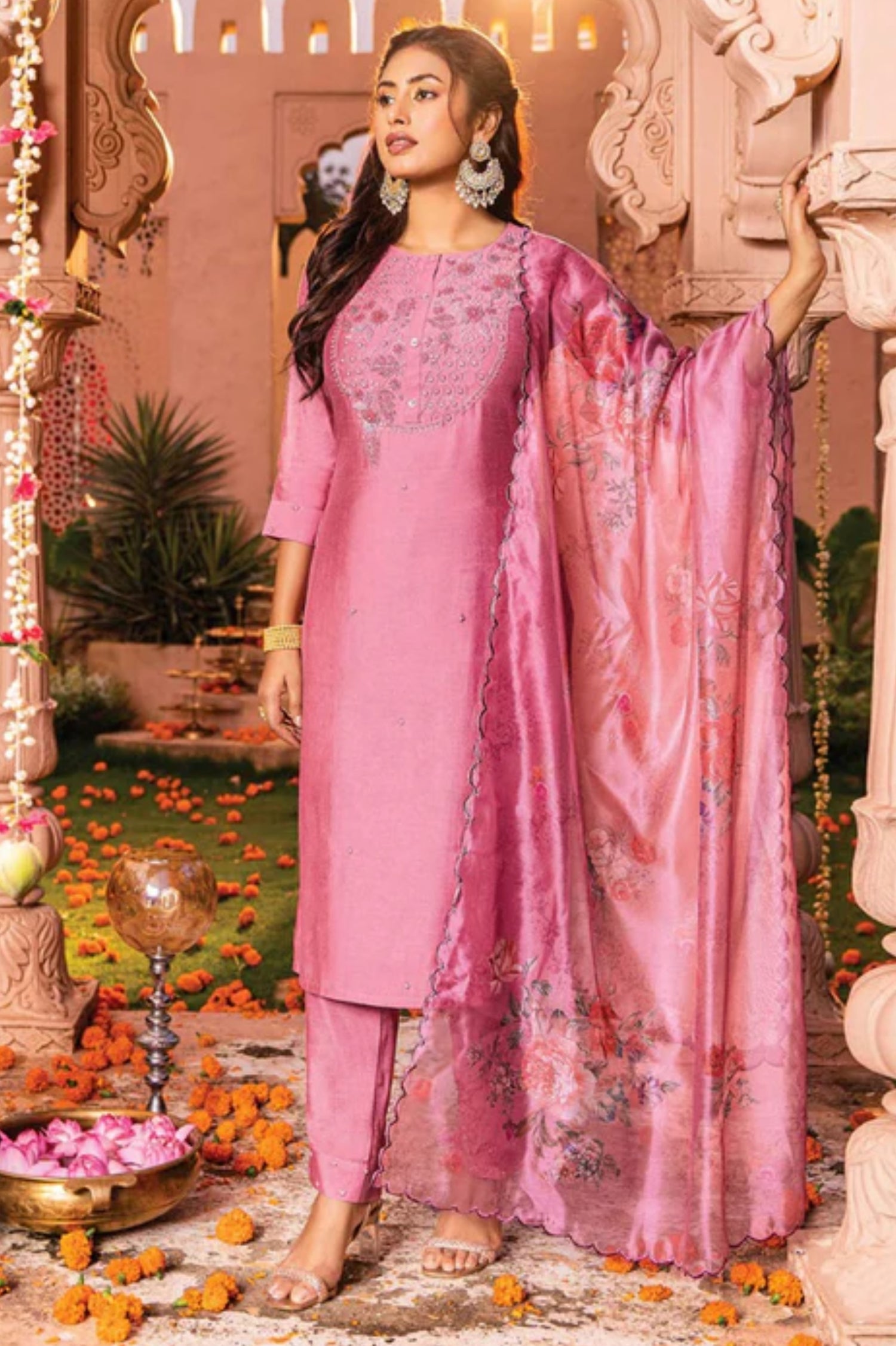 Pink Handwork Embroidered Viscose Salwar Suit
