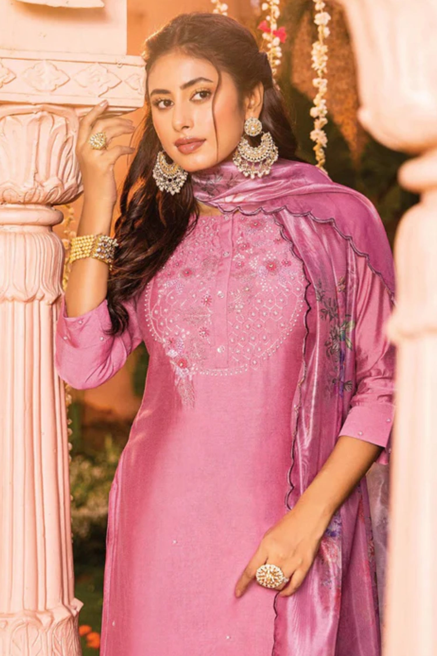 Pink Handwork Embroidered Viscose Salwar Suit