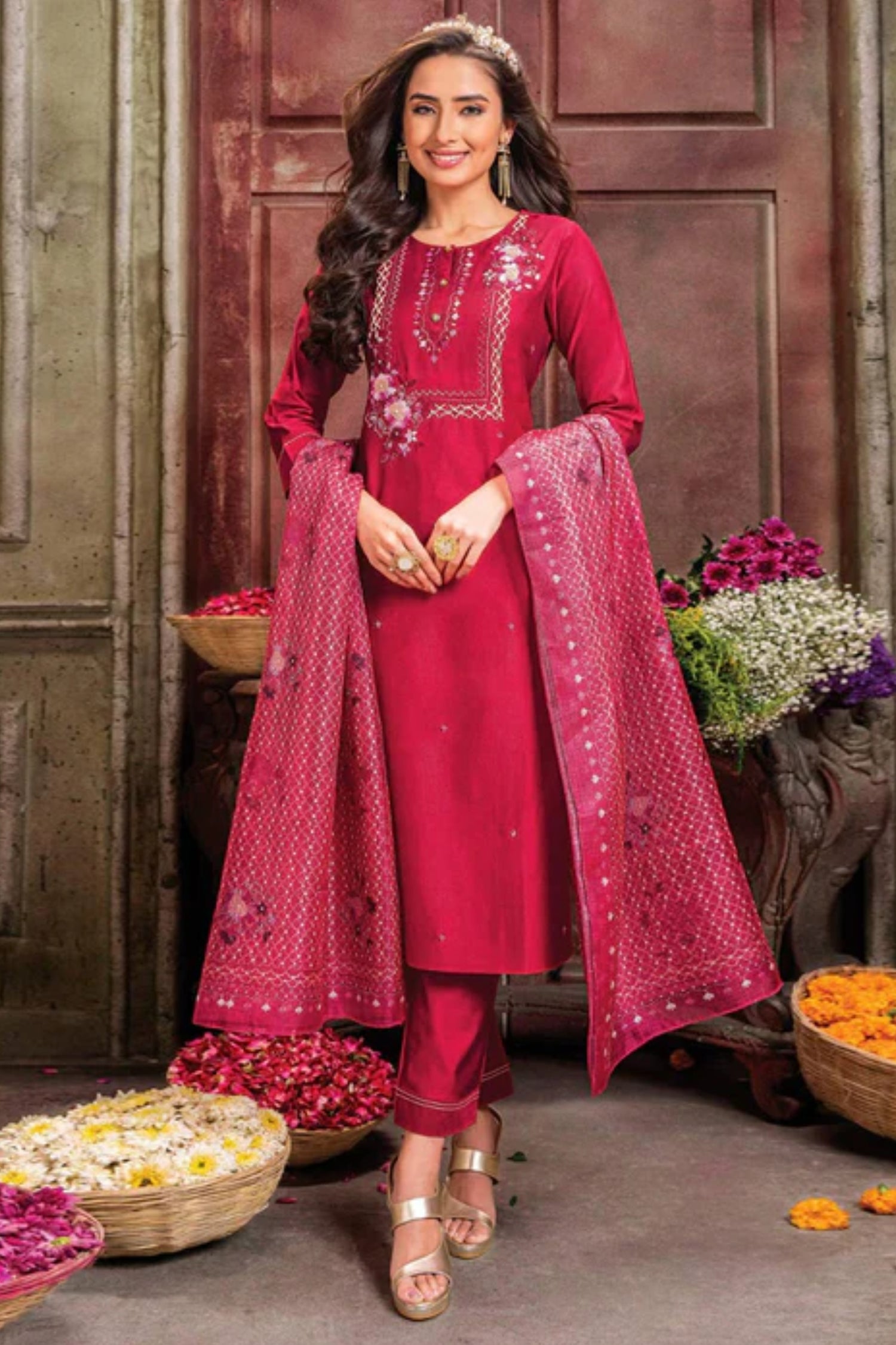 Pink Handwork Embroidered Viscose Salwar Suit