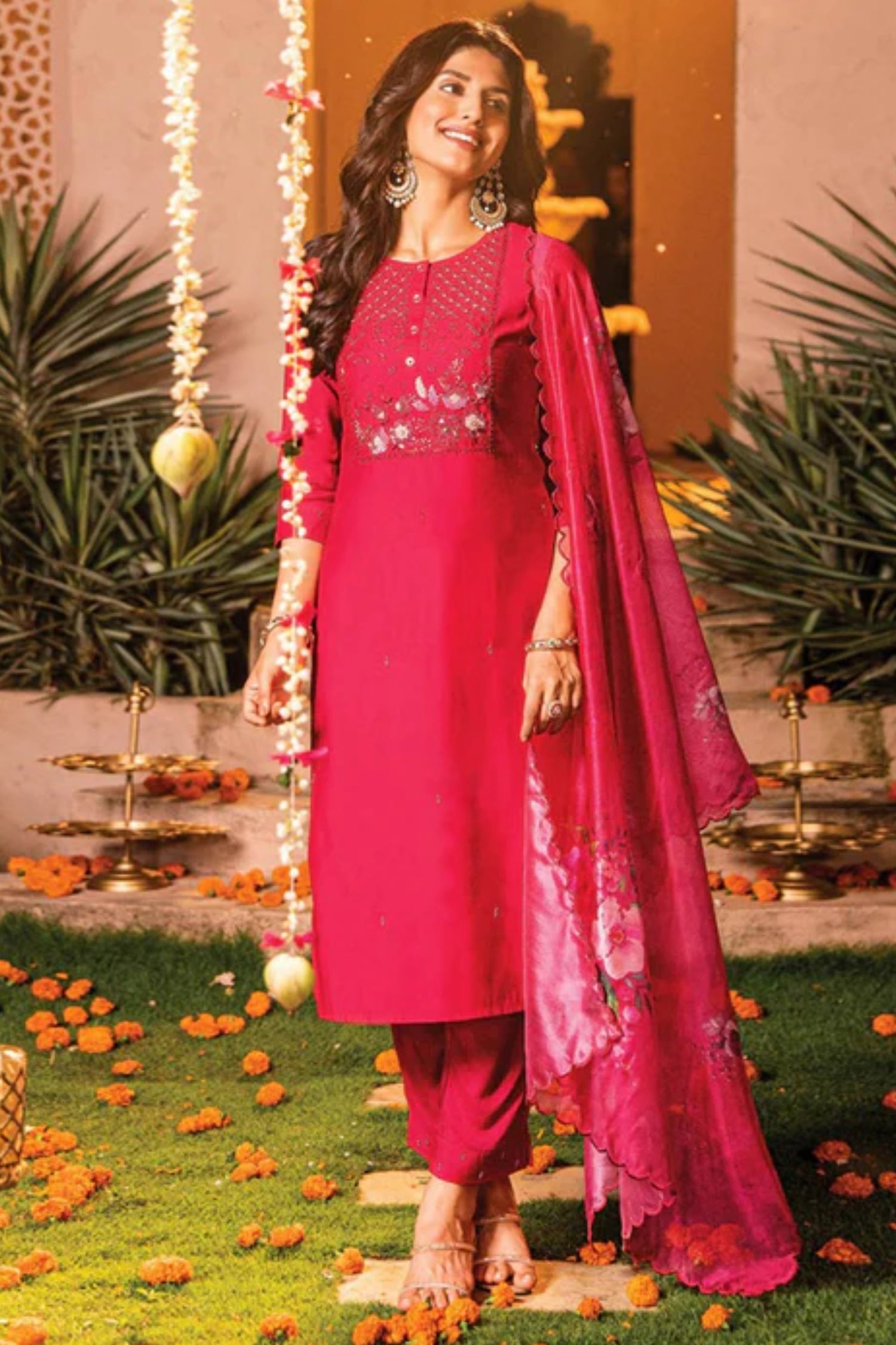 Pink Handwork Embroidered Viscose Salwar Suit
