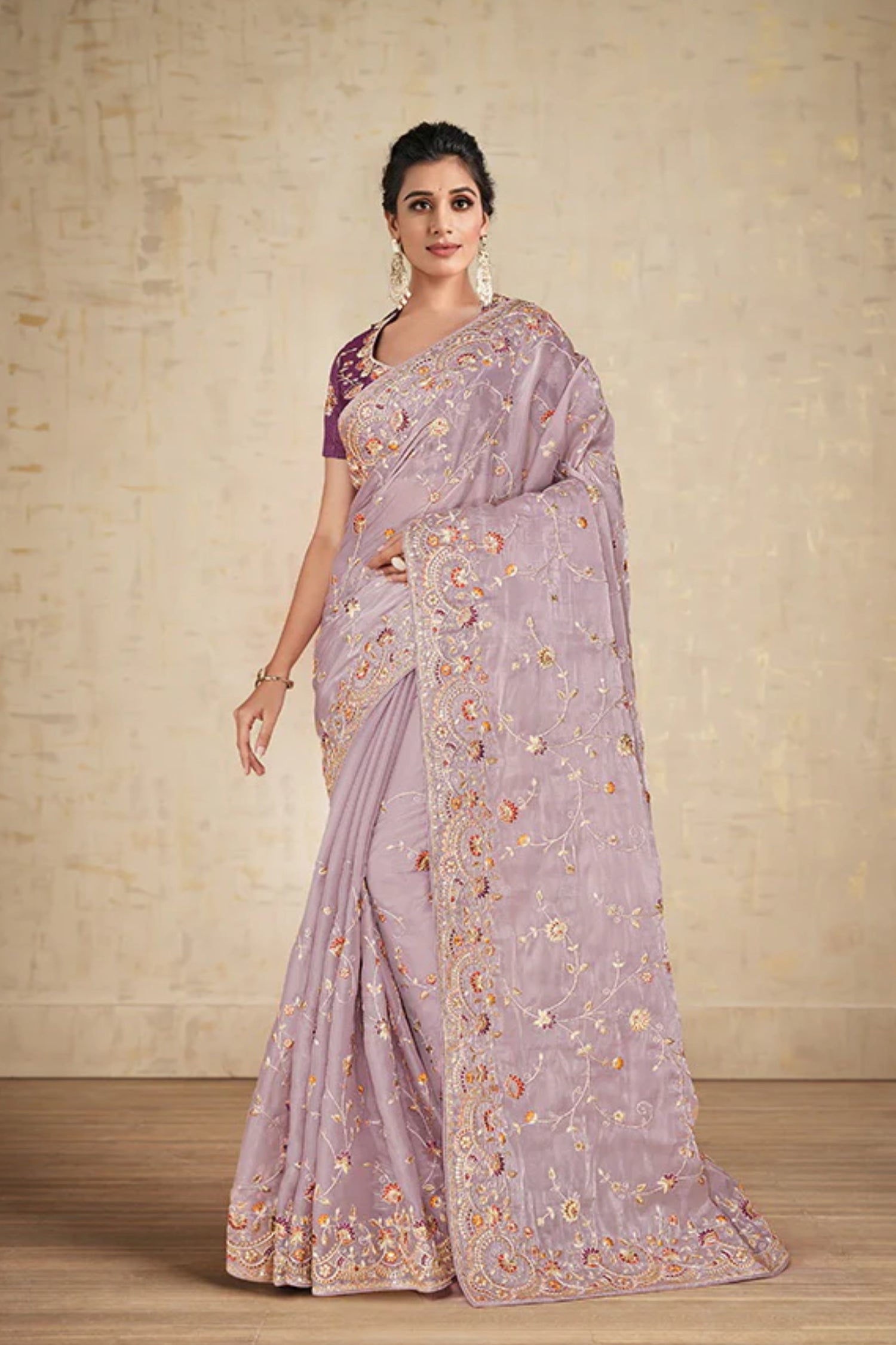 Purple Satin Silk Embroidered Saree