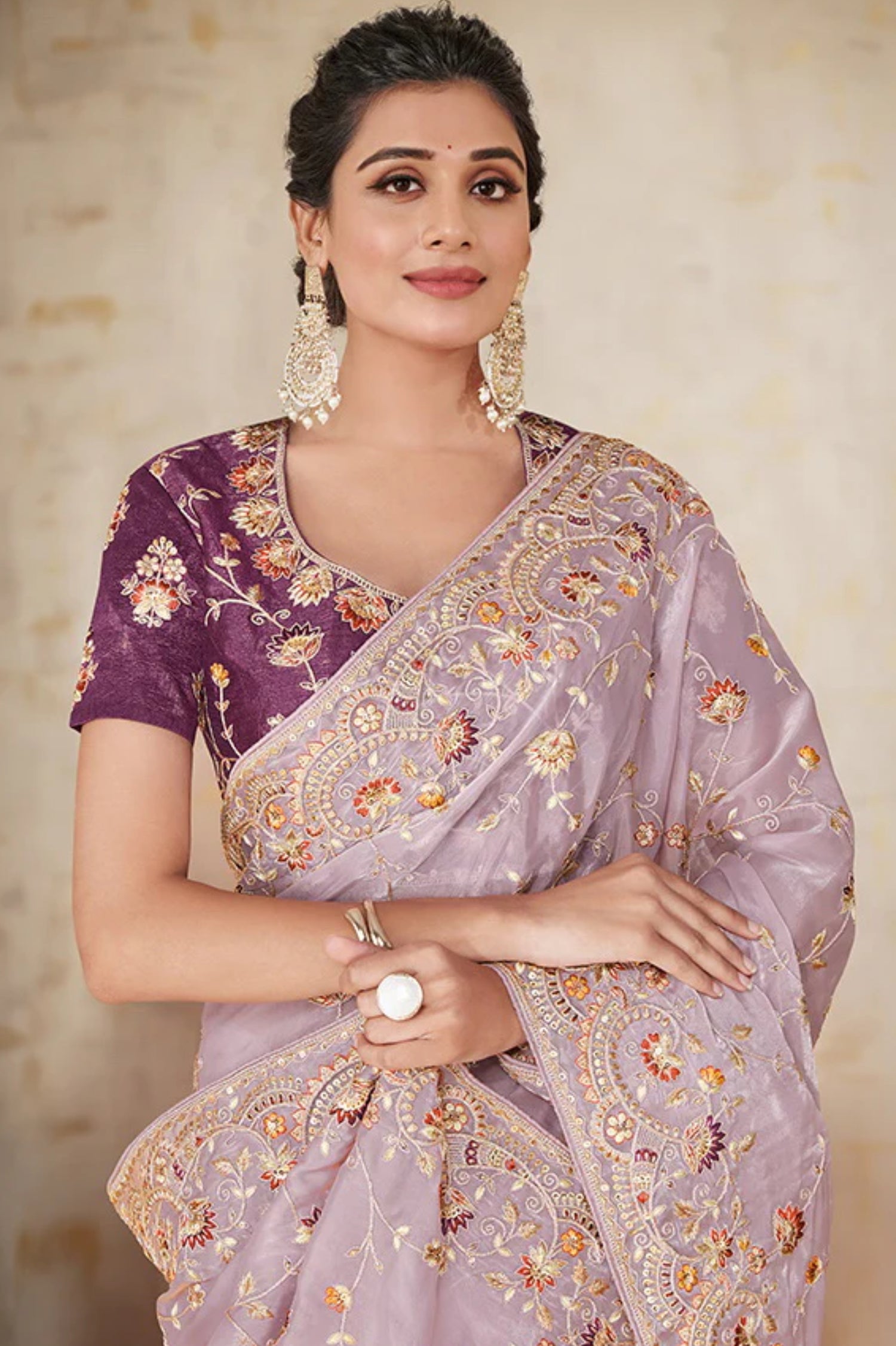 Purple Satin Silk Embroidered Saree