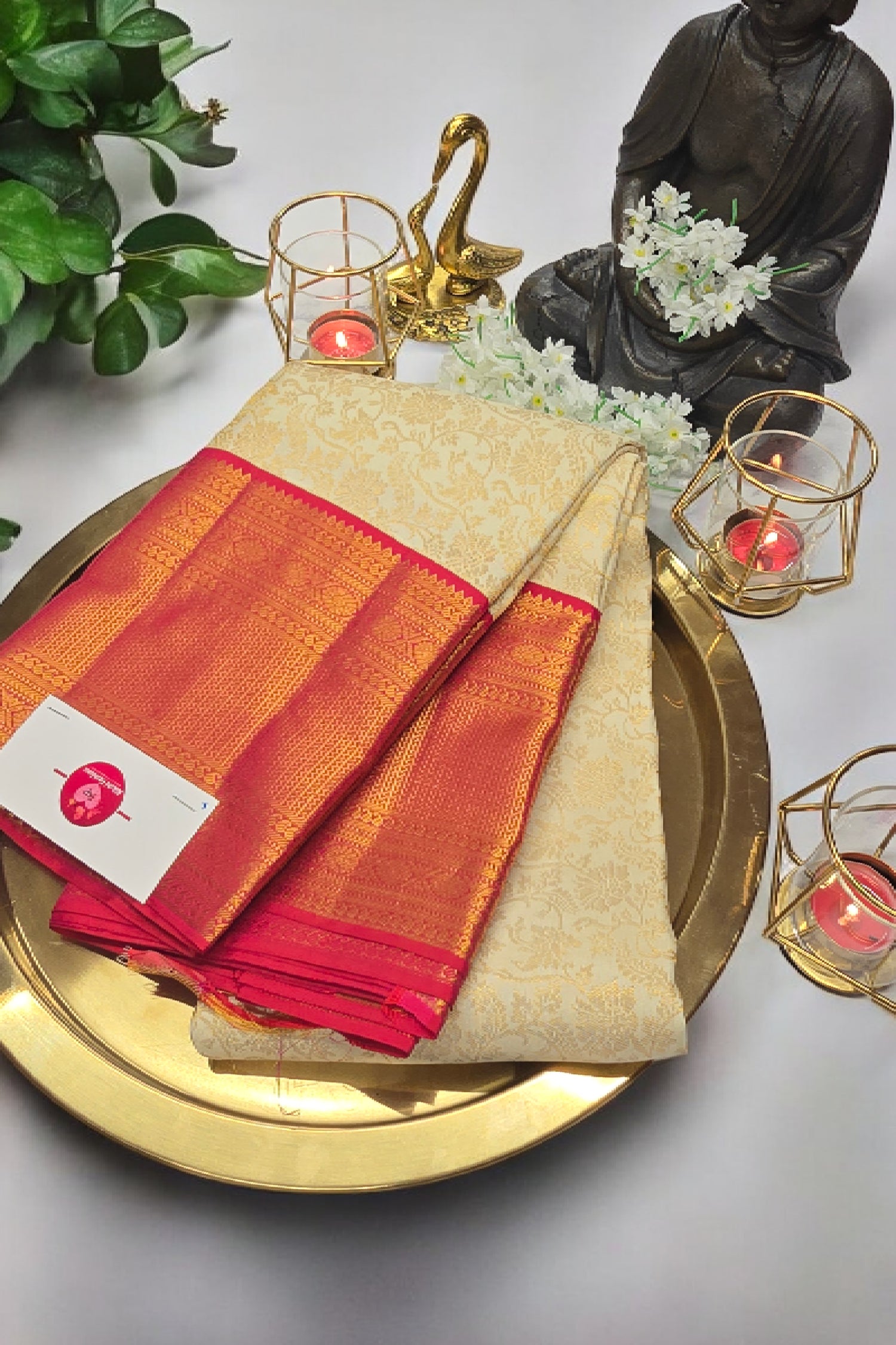 Sandal Kanchipuram Saree with Bright Red Border