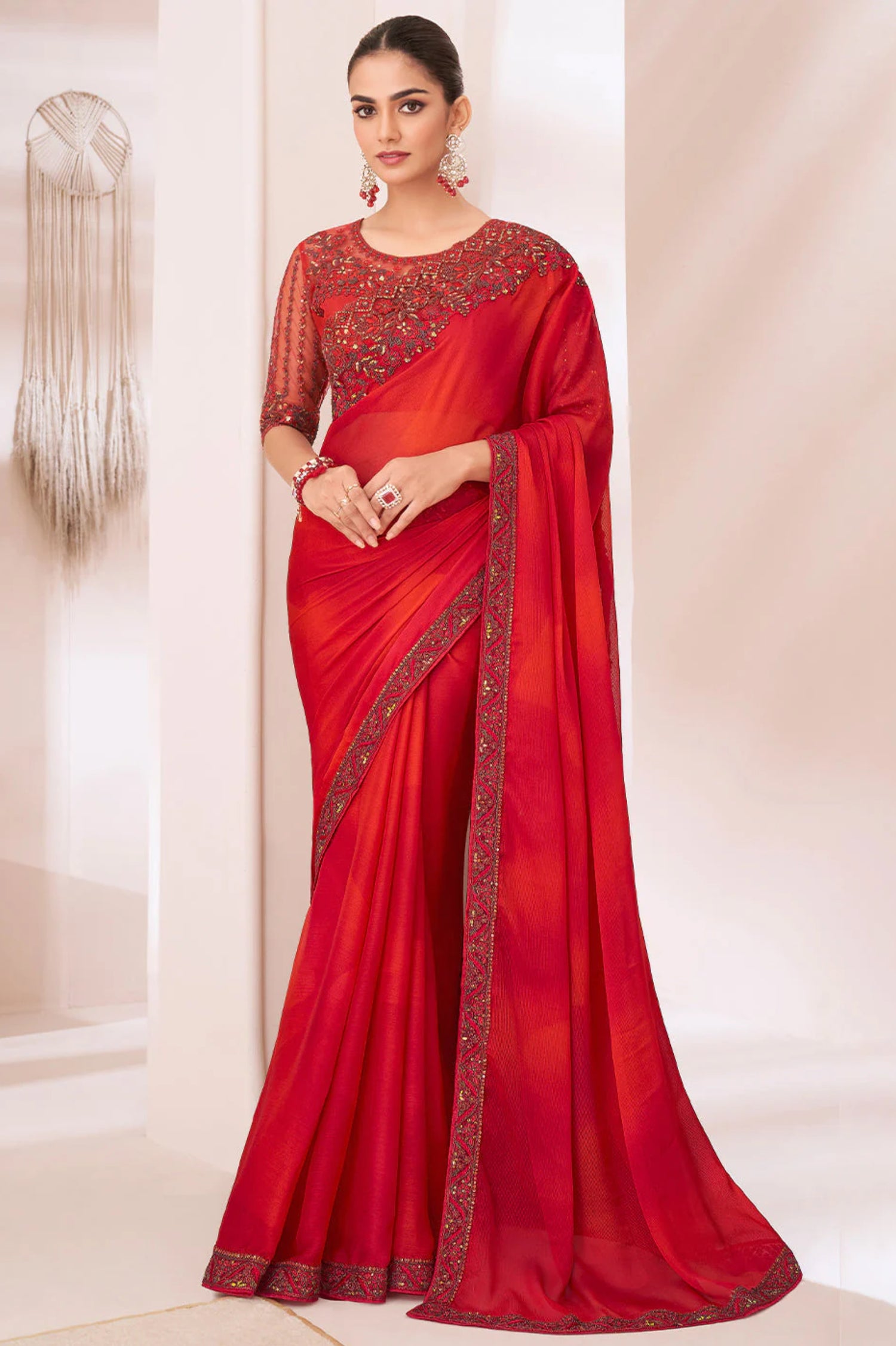 Tart Bright Red Designer Saree