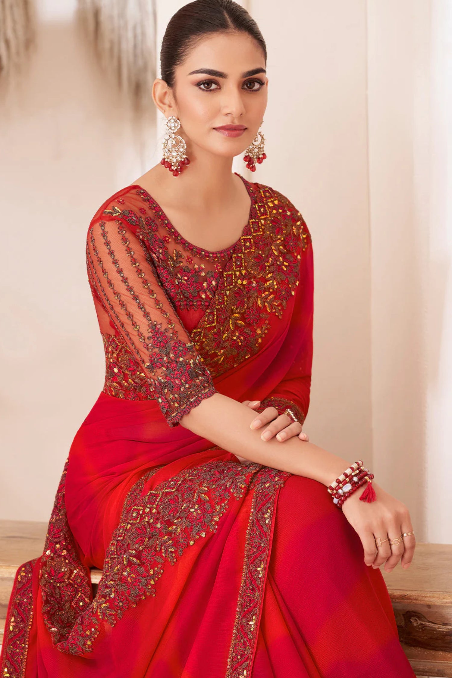 Tart Bright Red Designer Saree