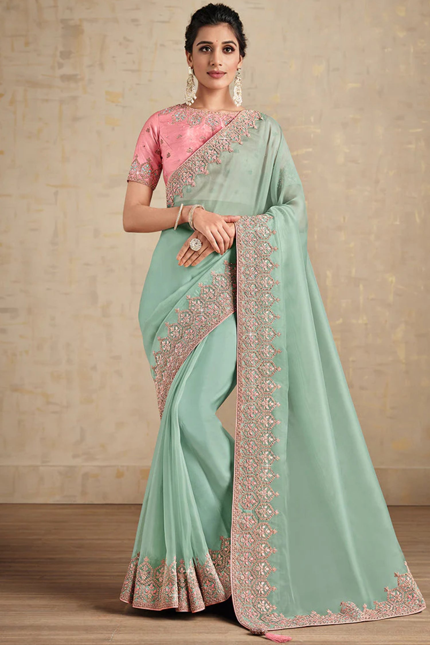 Teal And Pink Embroidered Traditional Wedding Saree