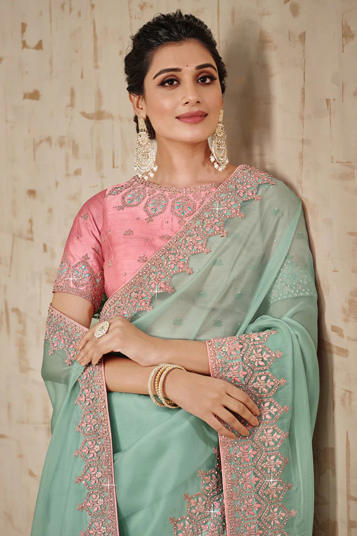 Teal And Pink Embroidered Traditional Wedding Saree