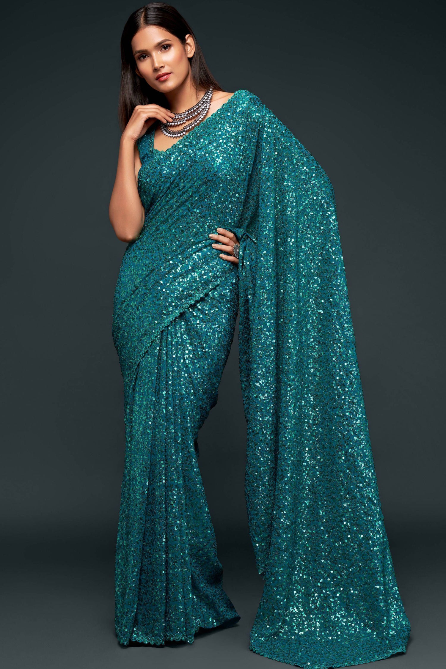 Teal Blue Fully Sequined Georgette Party Wear Saree