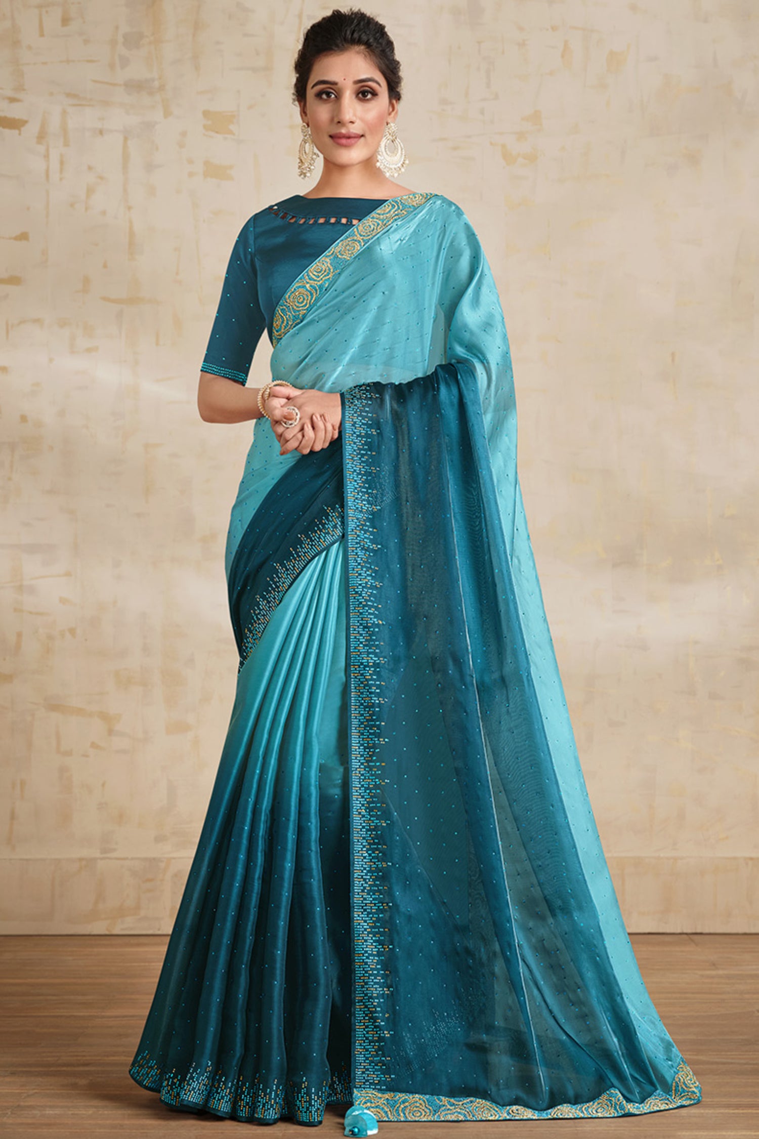 Teal Blue Stone Embroidered Organza Saree