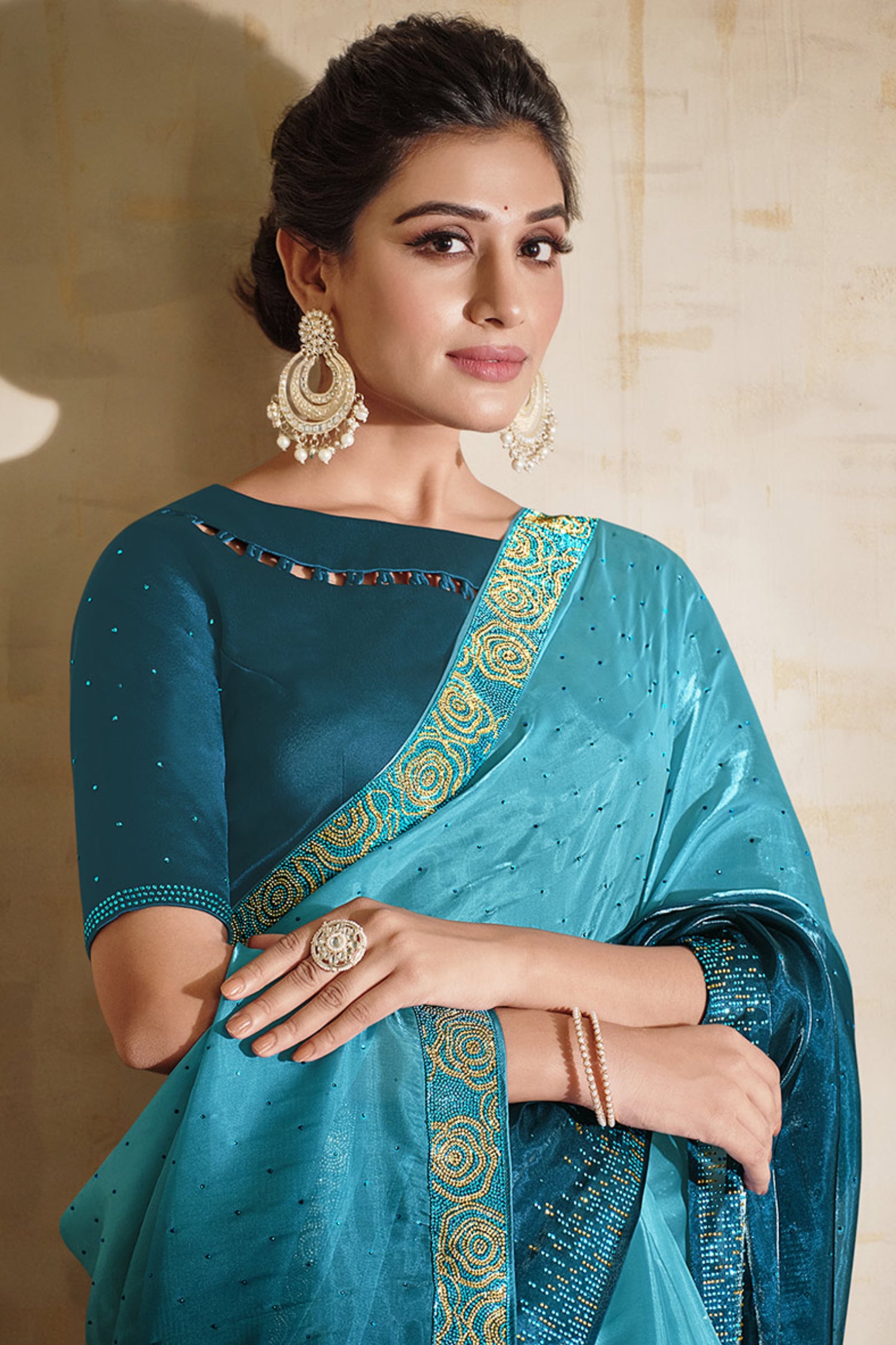 Teal Blue Stone Embroidered Organza Saree