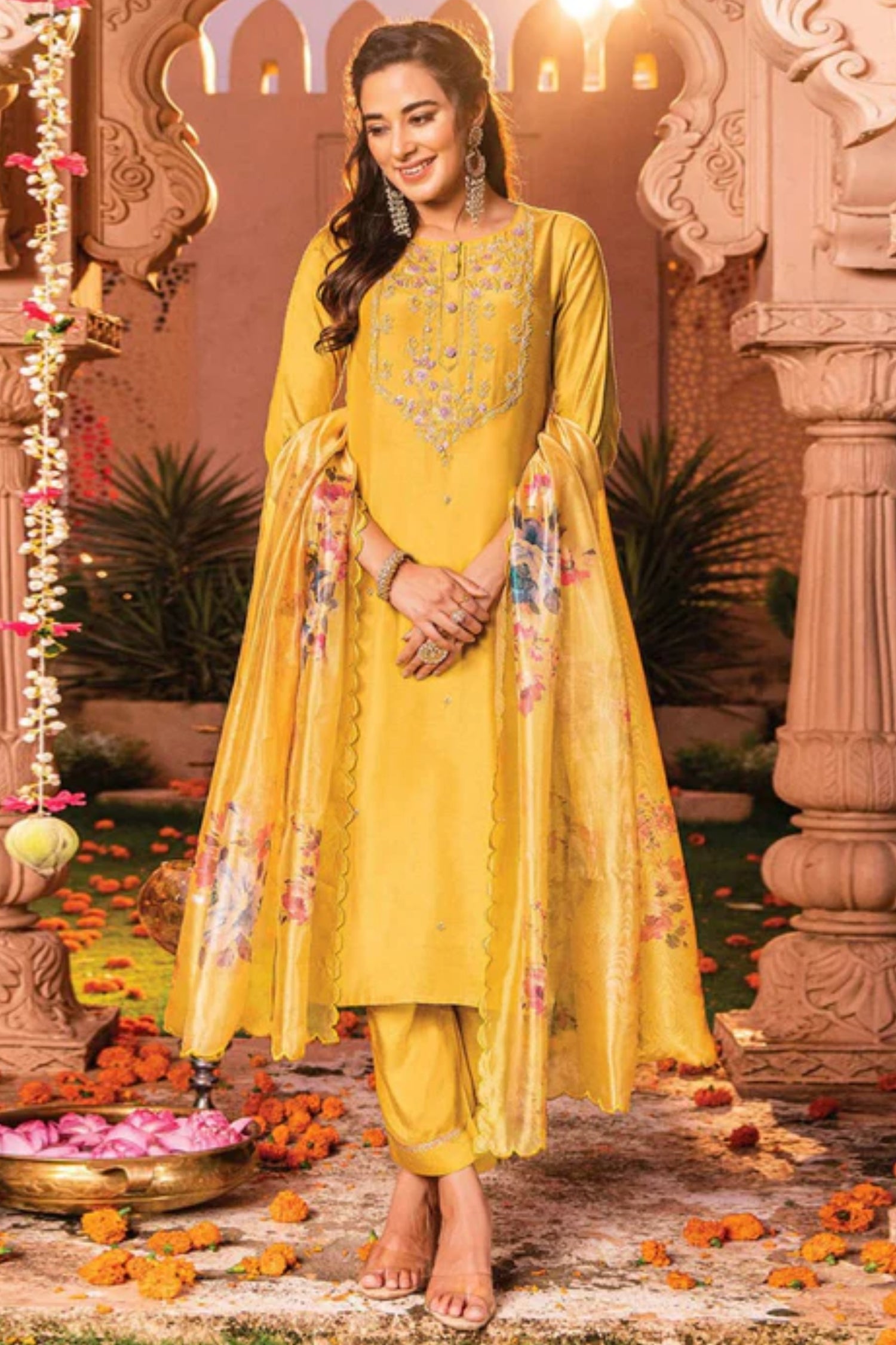 Yellow Handwork Embroidered Viscose Salwar Suit
