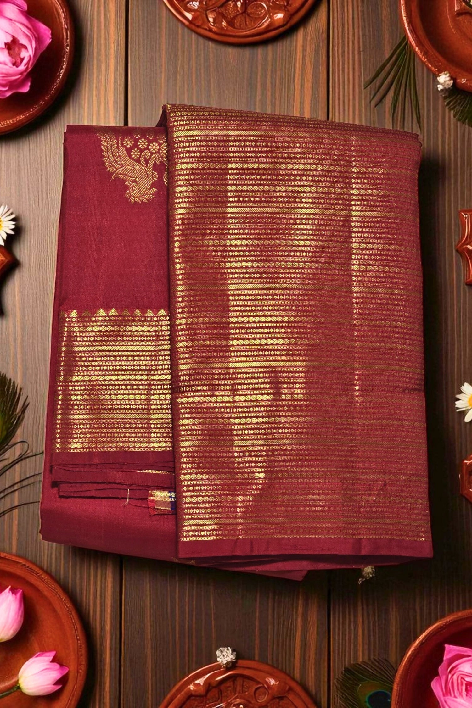 Maroon saree with gold patterns on a wooden background