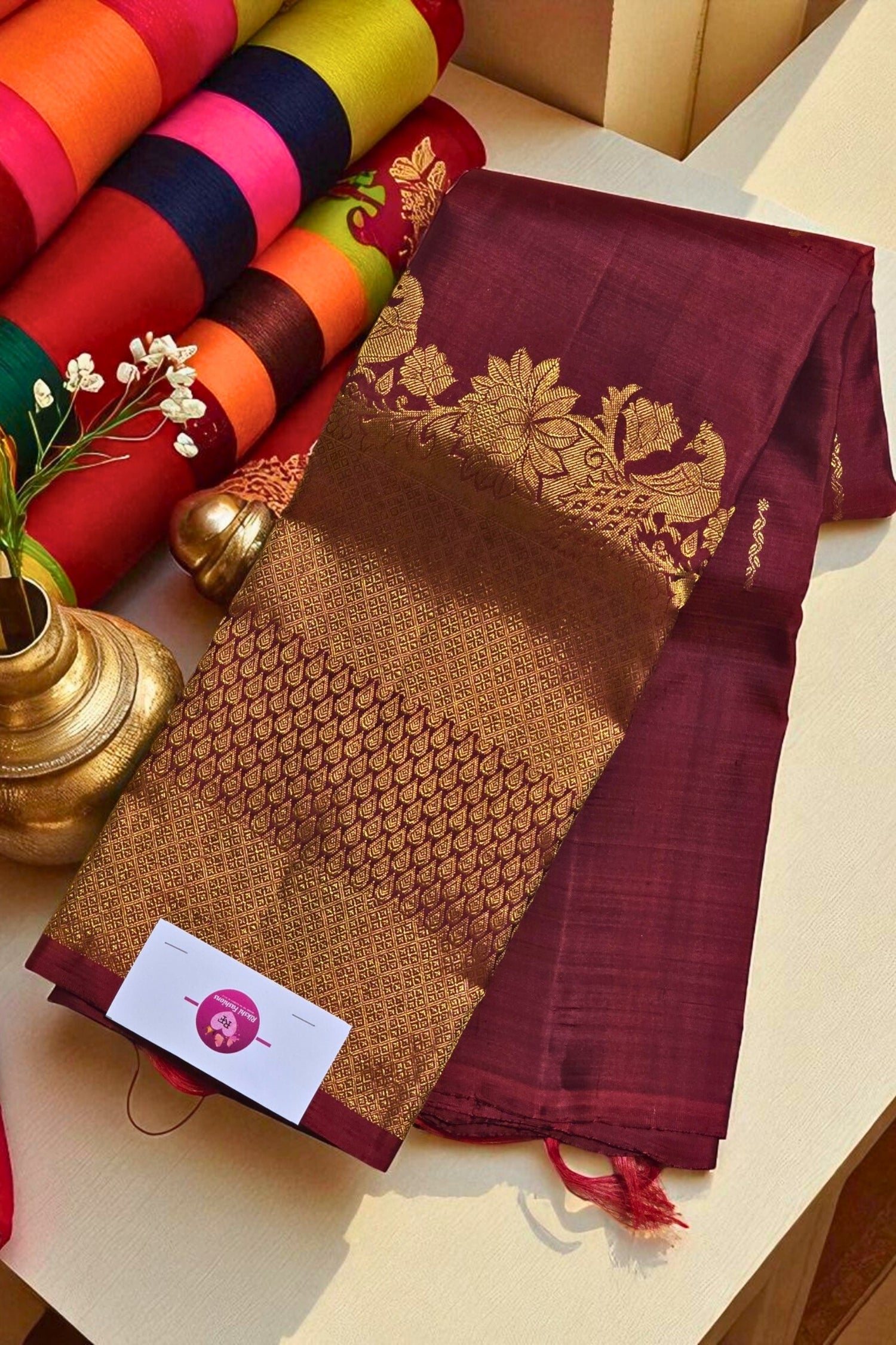 Regal Dark Maroon Kanchipuram Saree with Rich Golden Zari
