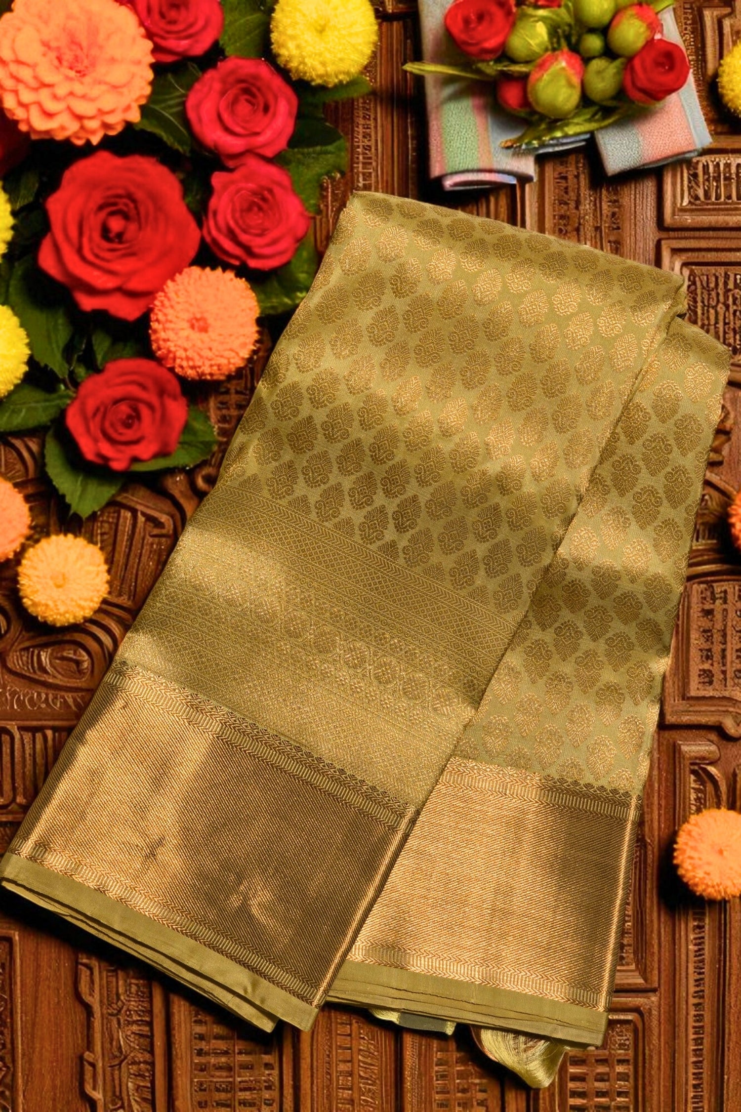 Golden Kanchipuram silk saree with unique zari designs