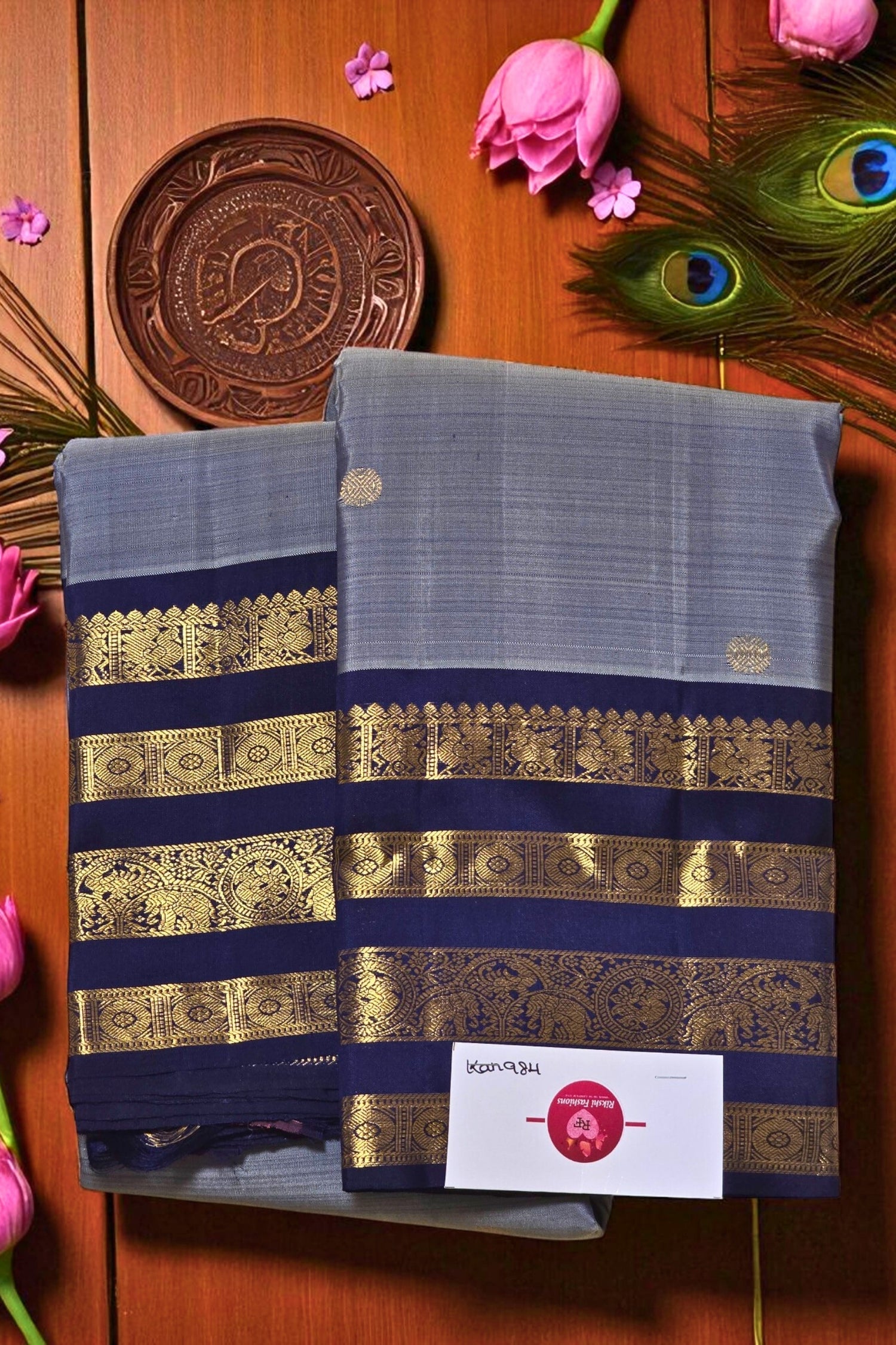 Blue saree with gold stripes