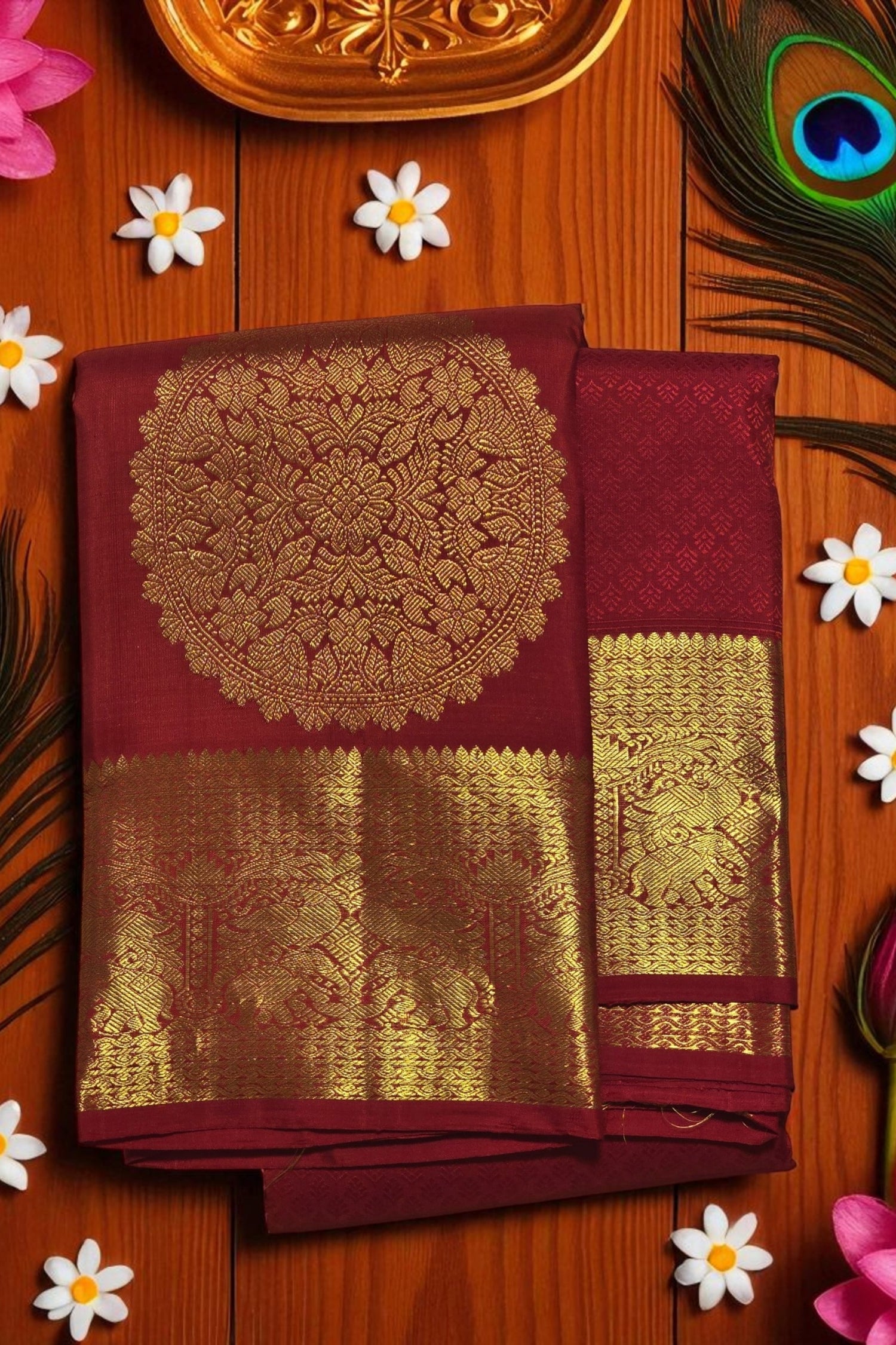 Rich Maroon Kanchipuram Silk Saree with Grand Gold Zari Detailing