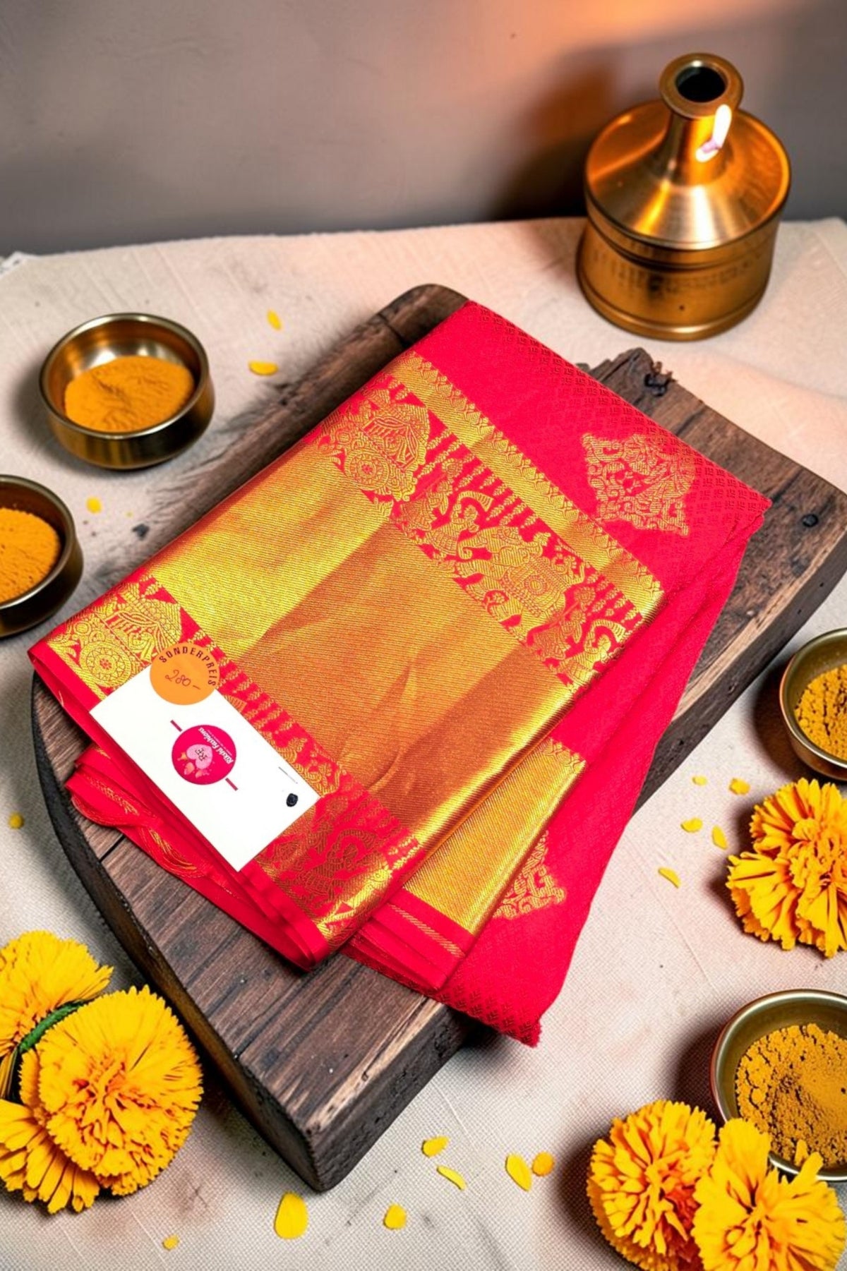 Scarlet Red Kanchipuram Silk Saree with Gold Zari Detailing