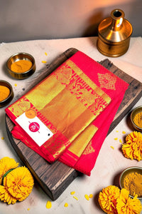 Scarlet Red Kanchipuram Silk Saree with Gold Zari Detailing