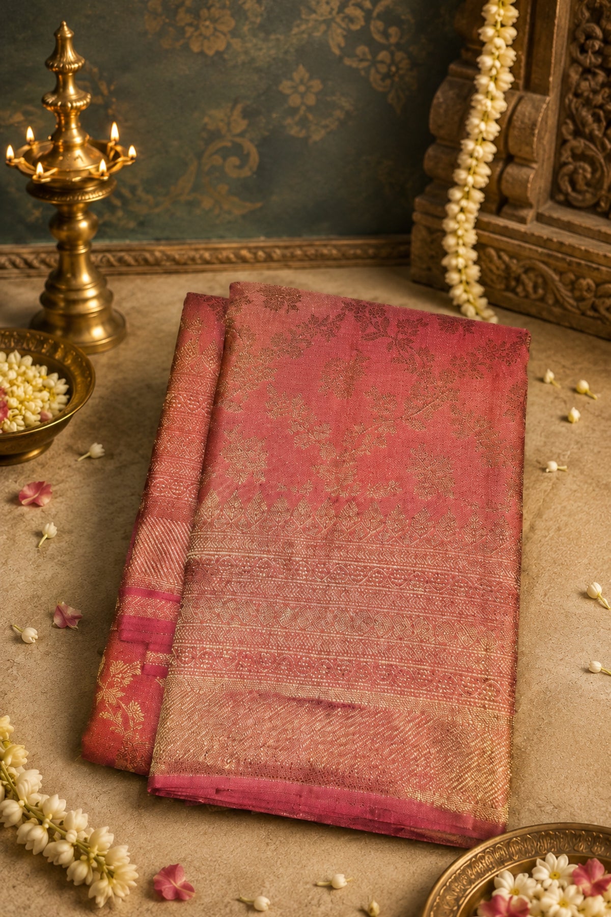 Royal Rosewood Kanchipuram Silk Saree with All-Over Gold Weaving